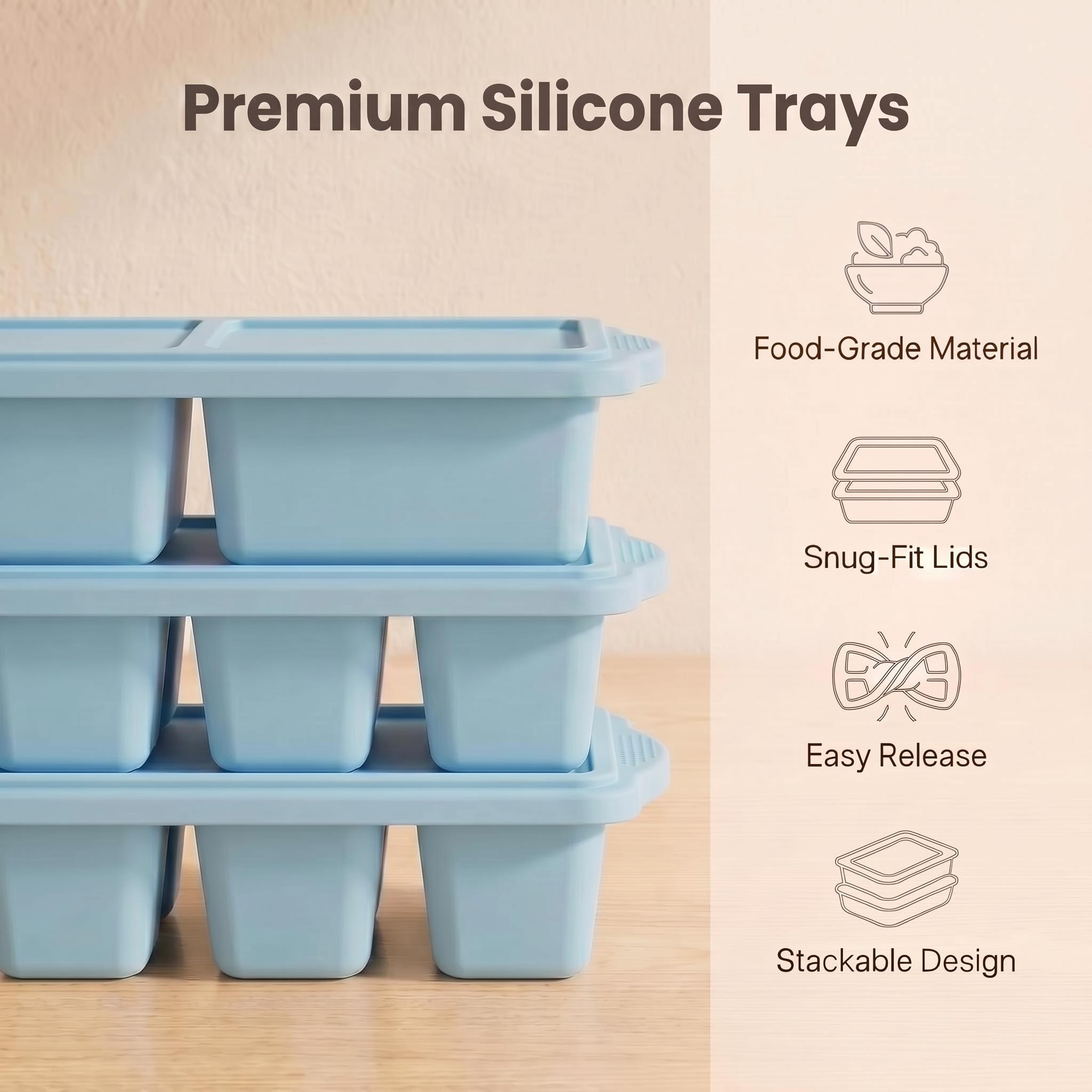 3 Pack Silicone Freezer Tray, Food Grade Multi-Purpose Reusable Easy Release Molds for Meal Prep, Soup & Leftover Storage