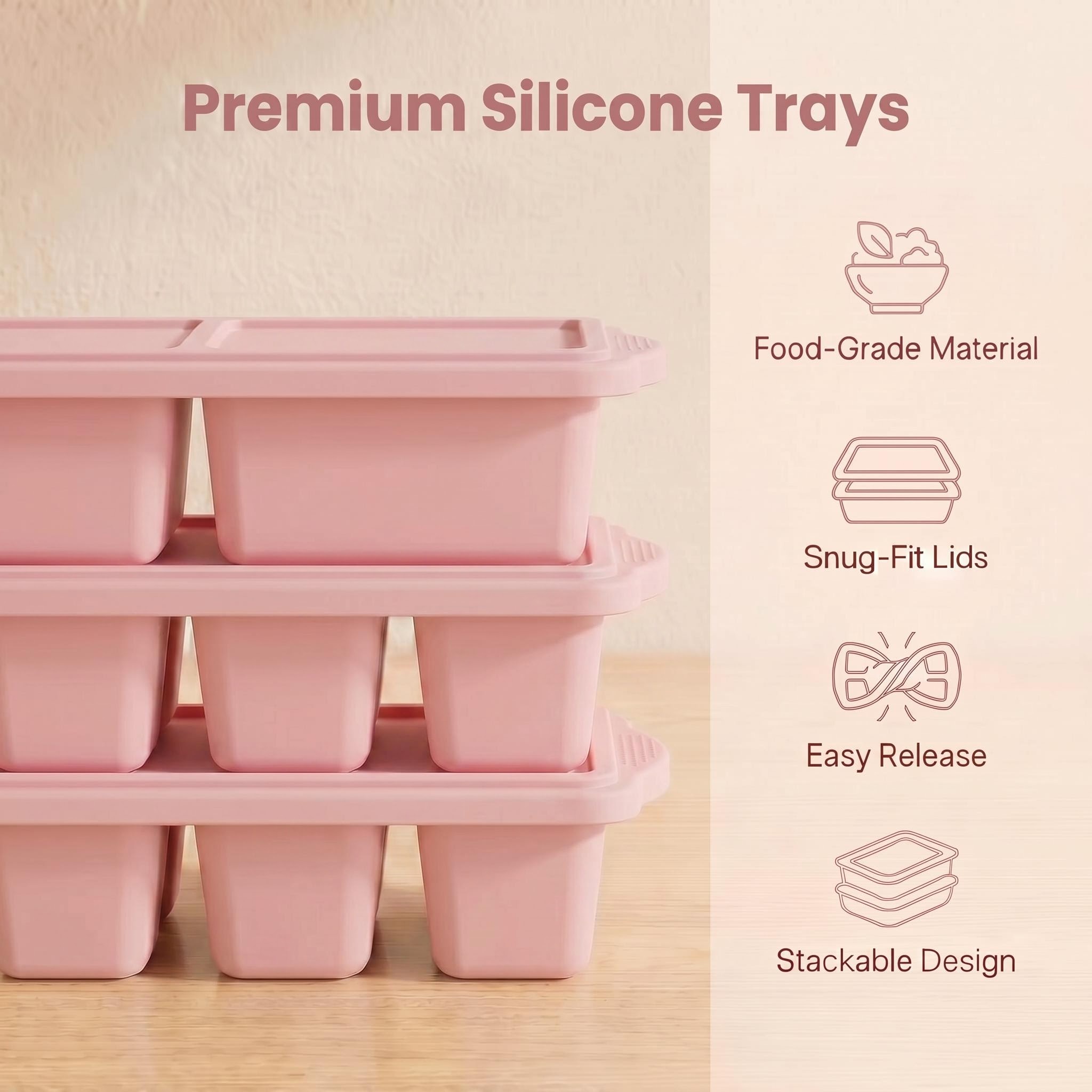 MYMULIKE 3 Pack Silicone Freezer Tray, Food Grade Multi-Purpose Reusable Easy Release Molds for Meal Prep, Soup & Leftover Storage