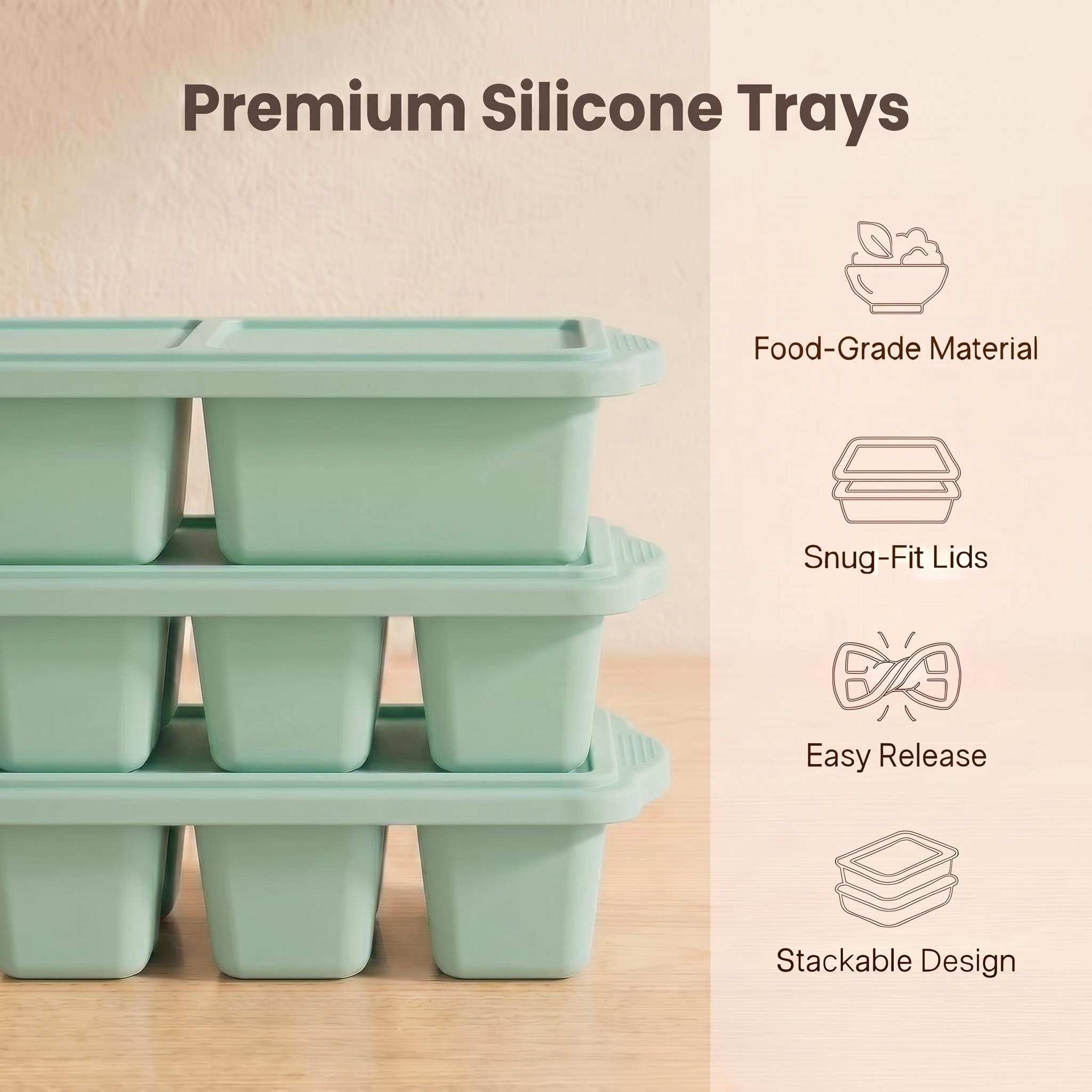MYMULIKE 3 Pack Silicone Freezer Tray, Food Grade Multi-Purpose Reusable Easy Release Molds for Meal Prep, Soup & Leftover Storage