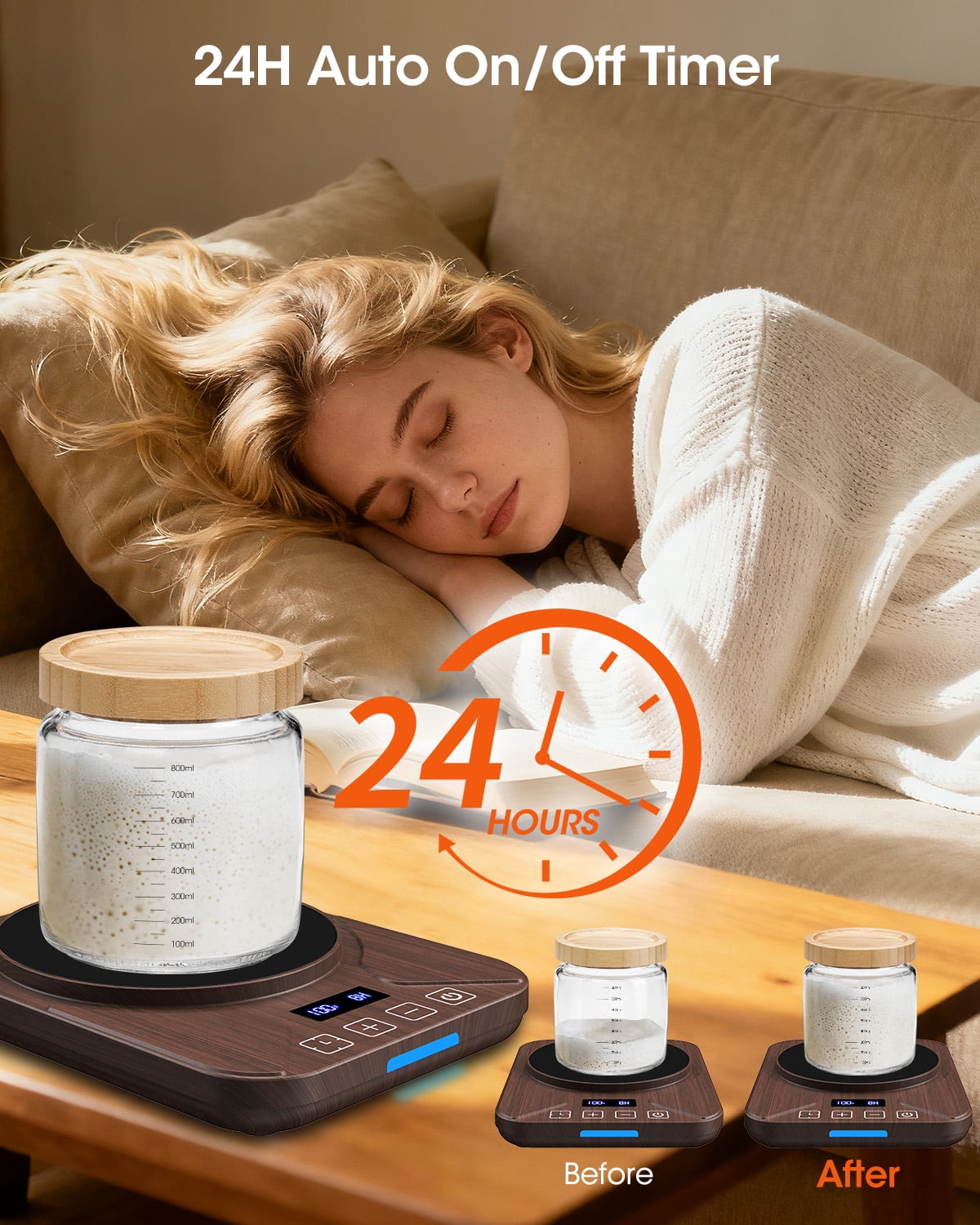 Sourdough Starter Warmer Mat, 24-Hour Timer, Precise 1°F Thermostat Control (70-100°F), Smart Memory Warming On/Off, Fits Jars Up to 40oz, Perfect for Home Baking (Wood Grain)