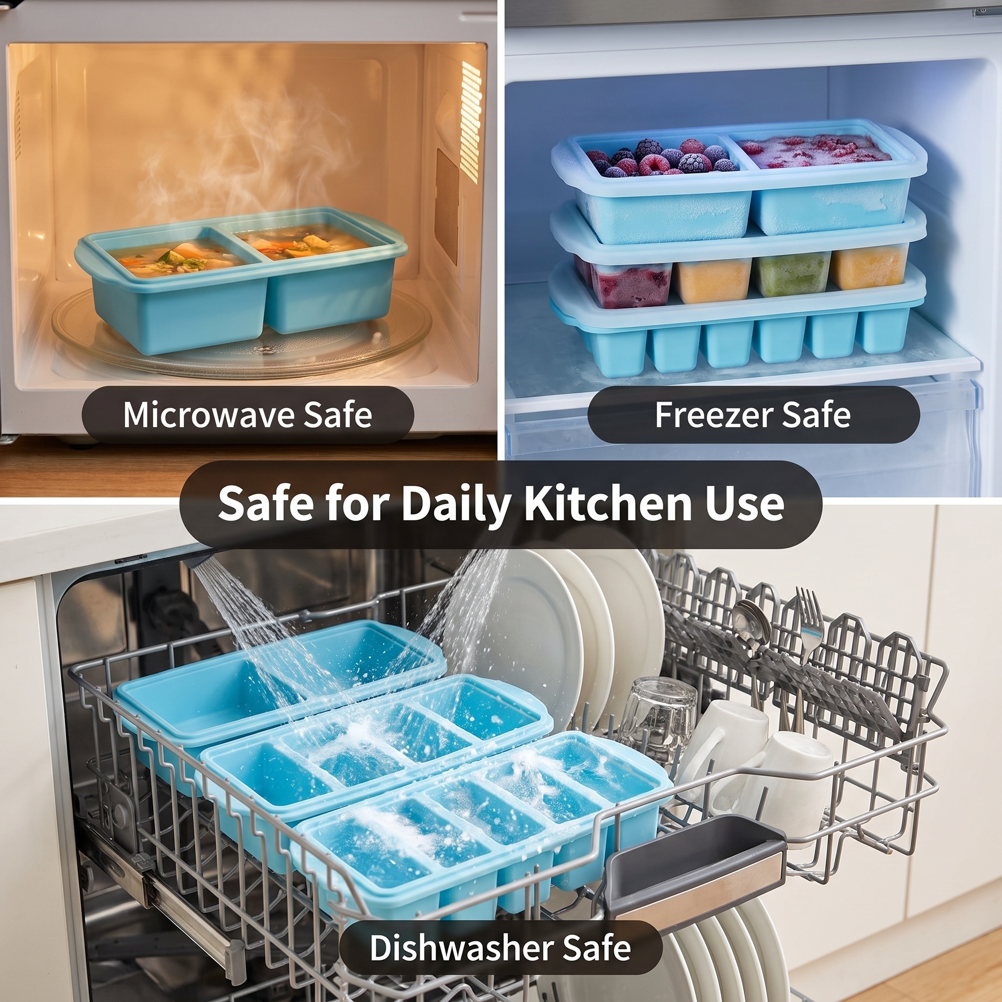 3 Pack Silicone Freezer Tray, Food Grade Multi-Purpose Reusable Easy Release Molds for Meal Prep, Soup & Leftover Storage