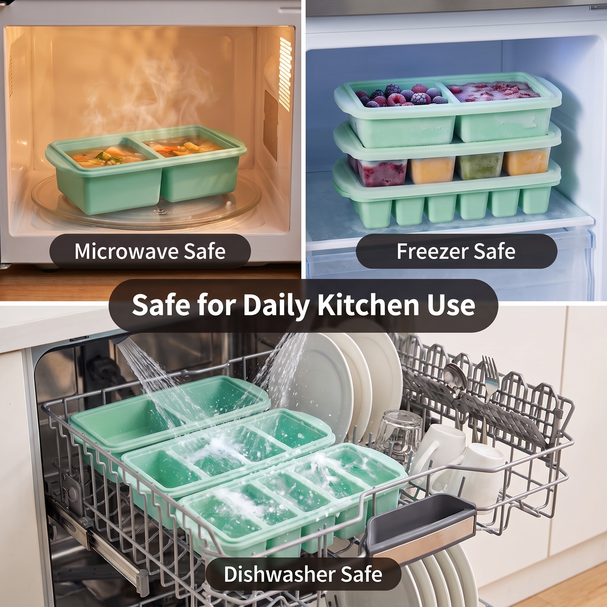 MYMULIKE 3 Pack Silicone Freezer Tray, Food Grade Multi-Purpose Reusable Easy Release Molds for Meal Prep, Soup & Leftover Storage