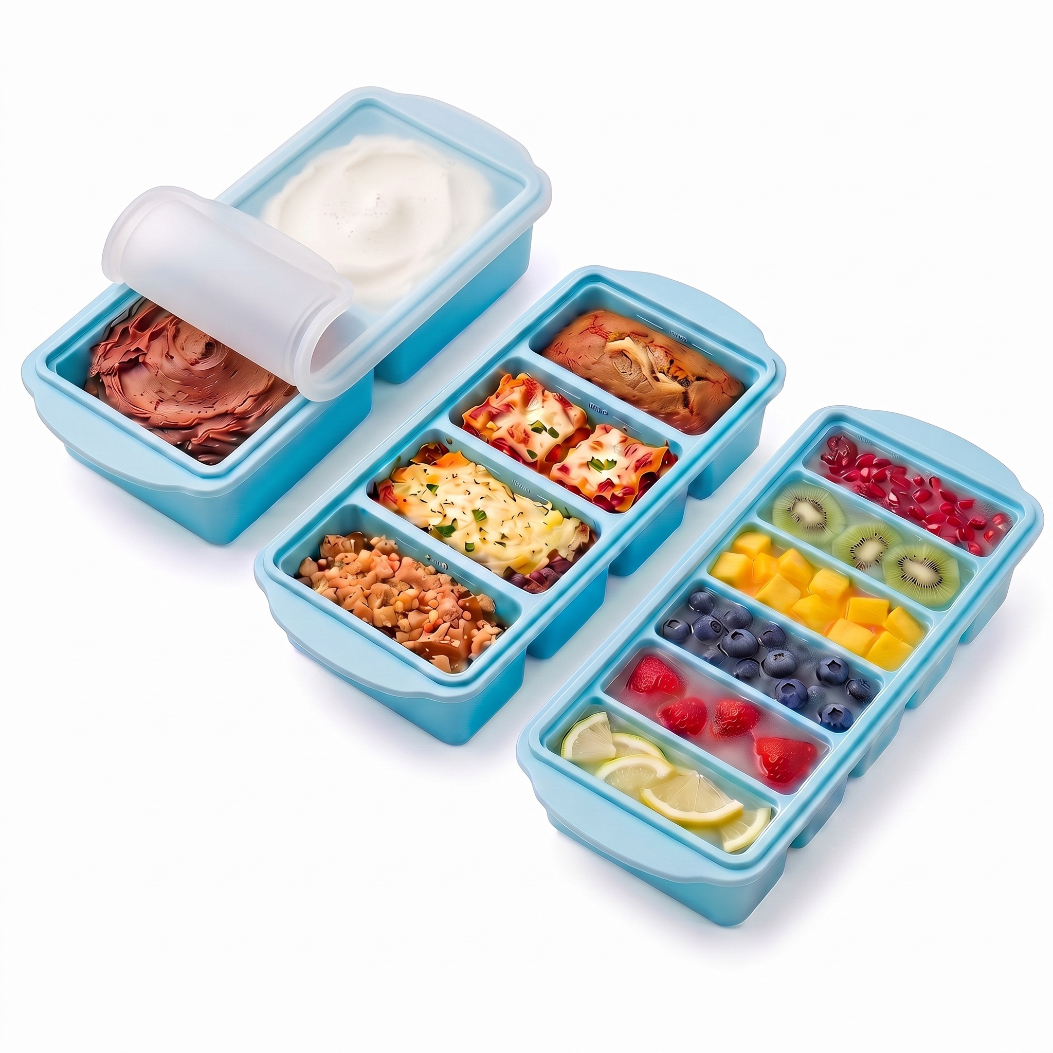3 Pack Silicone Freezer Tray, Food Grade Multi-Purpose Reusable Easy Release Molds for Meal Prep, Soup & Leftover Storage
