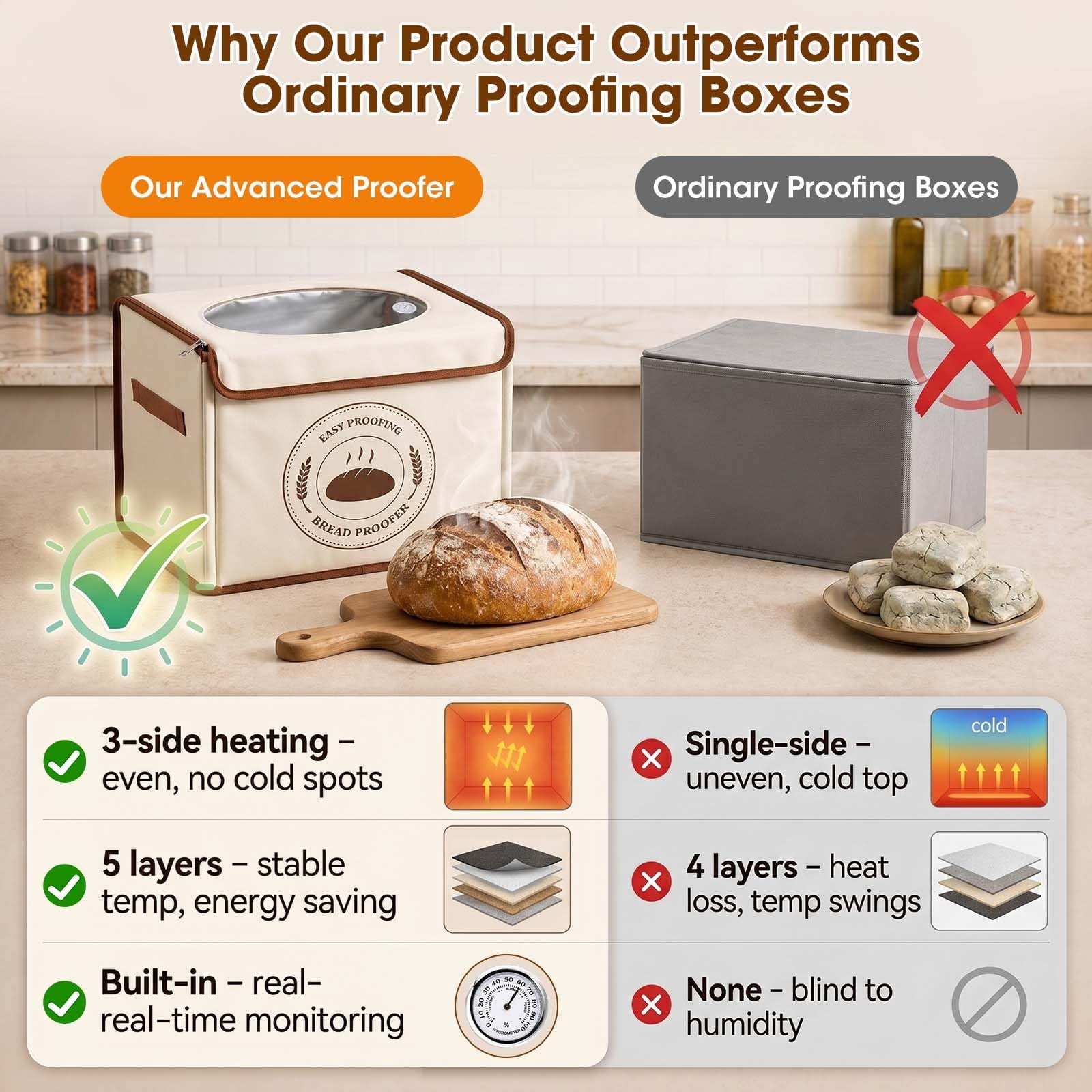 MYMULIKE Foldable Bread Sourdough Proofing Box, 15.75 x 11.81 x 11.81 in, 3‑Side Uniform Heating, Built‑in Hygrometer, 70‑122°F 1‑24H Timer, Flat Fold Storage with Stainless Steel Rack