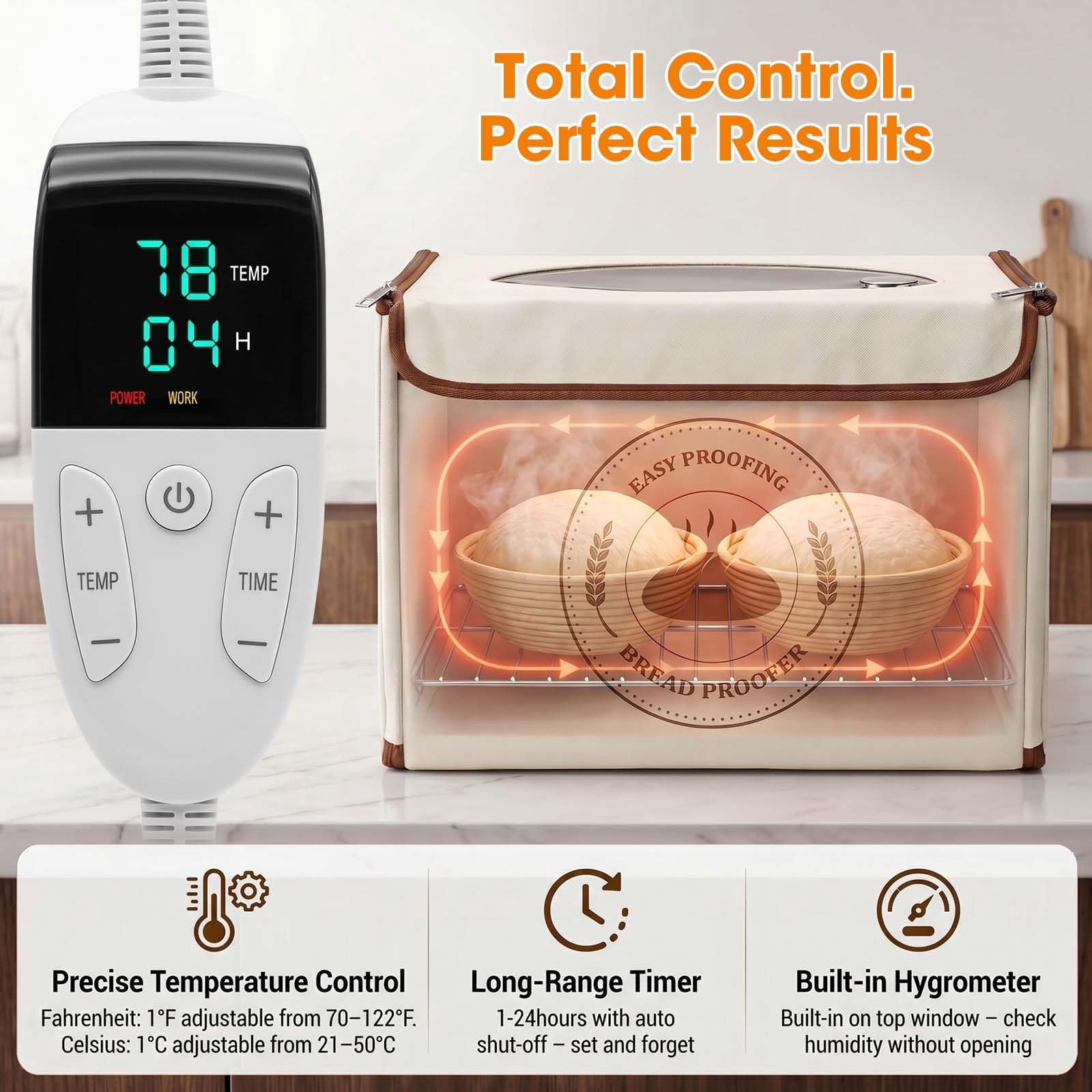 MYMULIKE Foldable Bread Sourdough Proofing Box, 15.75 x 11.81 x 11.81 in, 3‑Side Uniform Heating, Built‑in Hygrometer, 70‑122°F 1‑24H Timer, Flat Fold Storage with Stainless Steel Rack