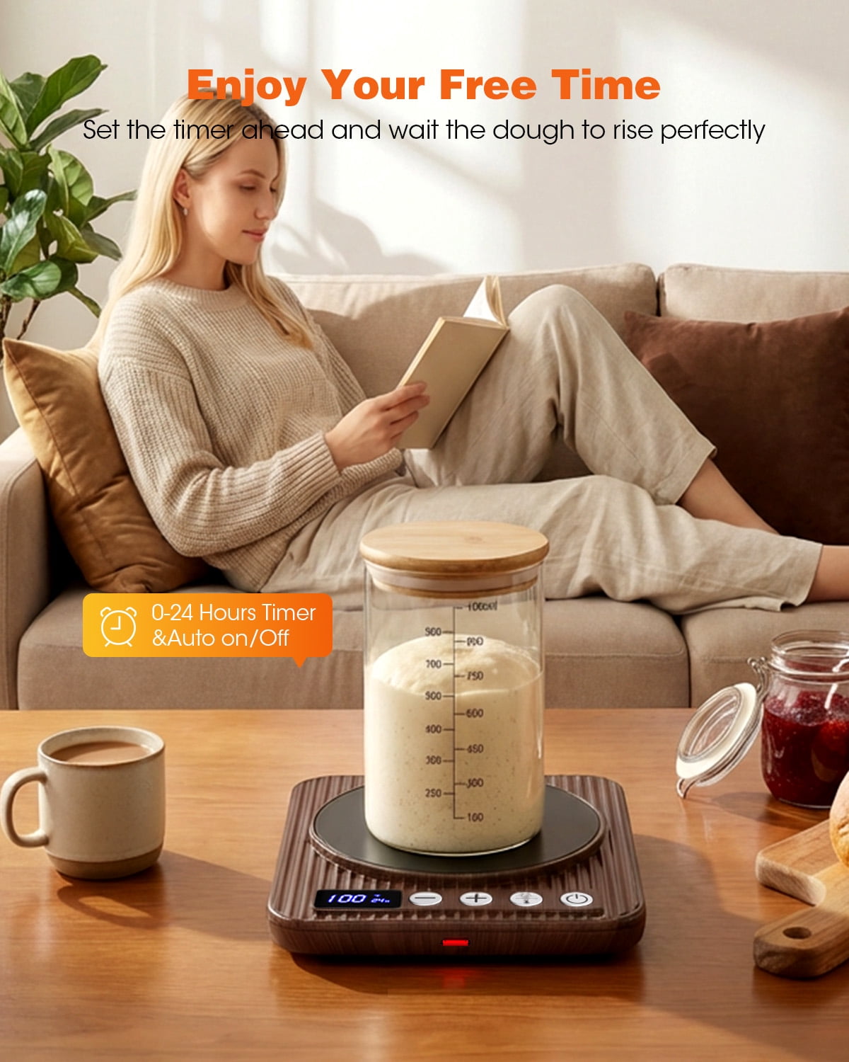 Sourdough Starter Warmer Mat, Upgrade Electric Sourdough Starter Warmer, 65-120°F -24H Timer - Fits Jars Up to 40oz, Sourdough Heater Proofing Tool, Perfect for Home Baking (Wood Grain)