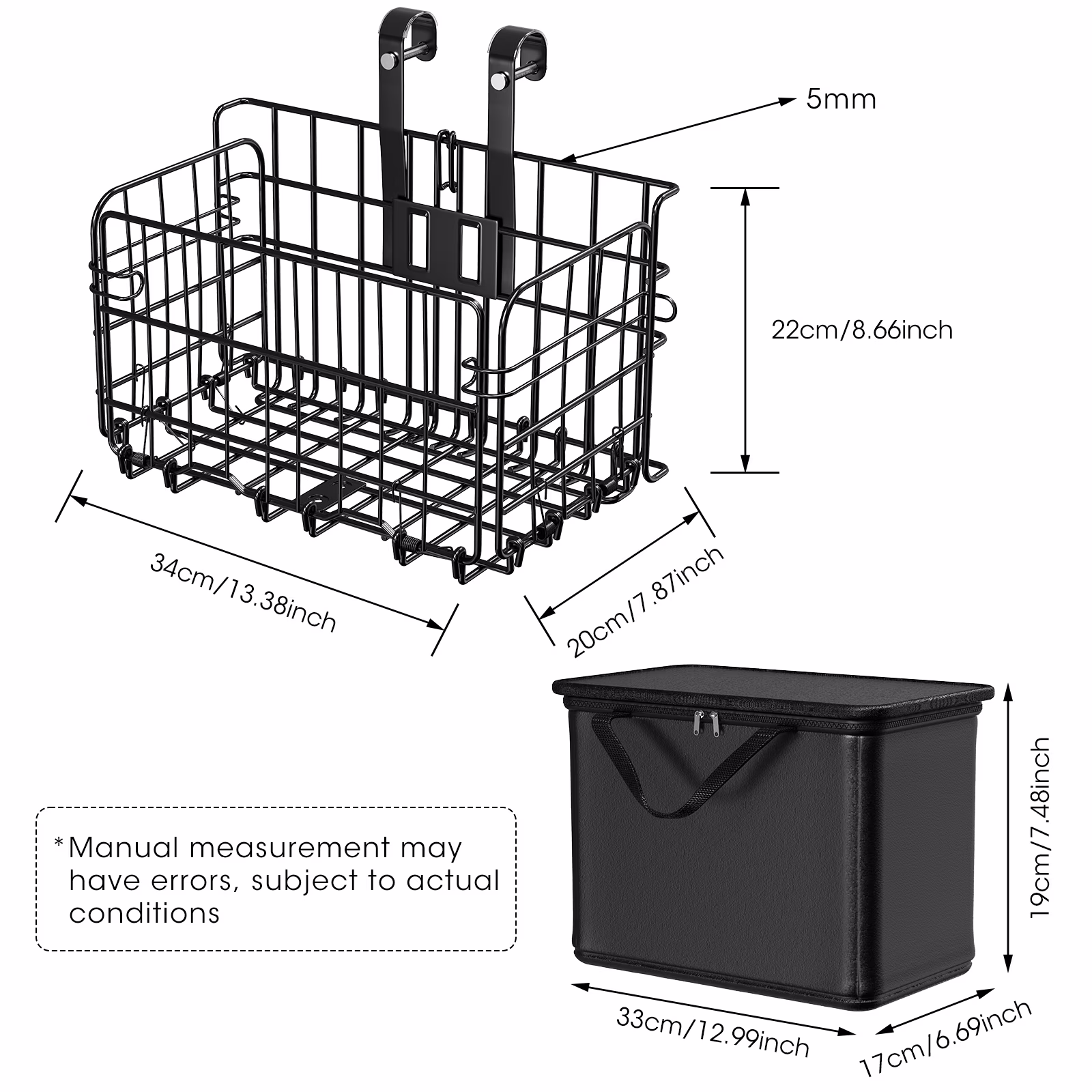Bike Basket Front, Folding Bicycle Basket with Removable Waterproof Liner Bag, Rear Bike Cargo Rack, Bike Baskets for Adult Bikes Carrying Dogs,Pet,Grocery,Quick Release Design
