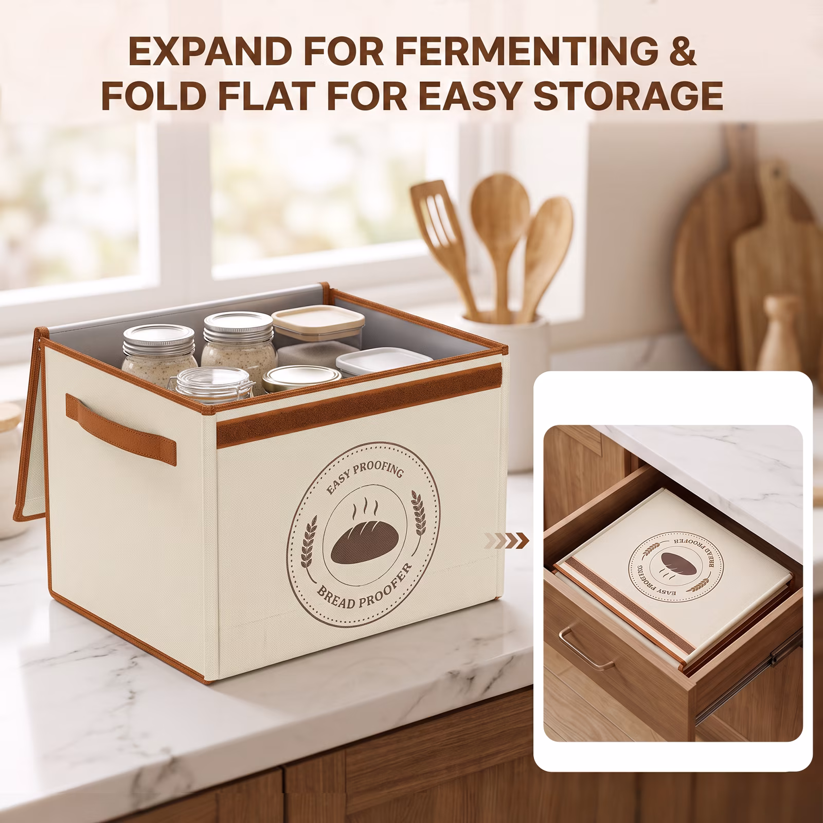 MYMULIKE Foldable Bread Proofing Box, 600D Oxford 50-113°F Temp Control & 48H Timer, 3-Side Heat Steel Rack for Sourdough, Bread, Pizza, Yogurt, Kombucha