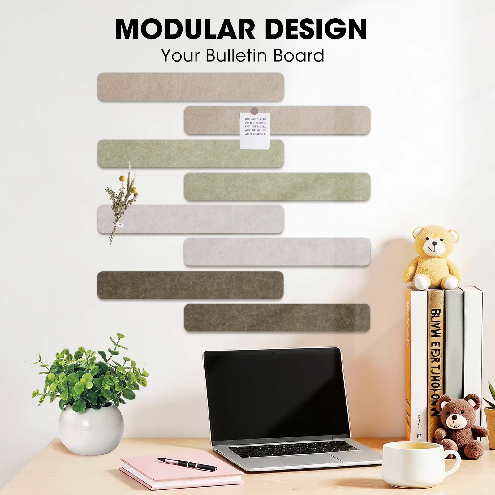 Cork Board Alternative Felt Strip Board 8-Pack 13"x2", Office Pin Board with 40 Push Pins, Adhesive Install for Bedroom Door & Home Office(Linen Dusk)