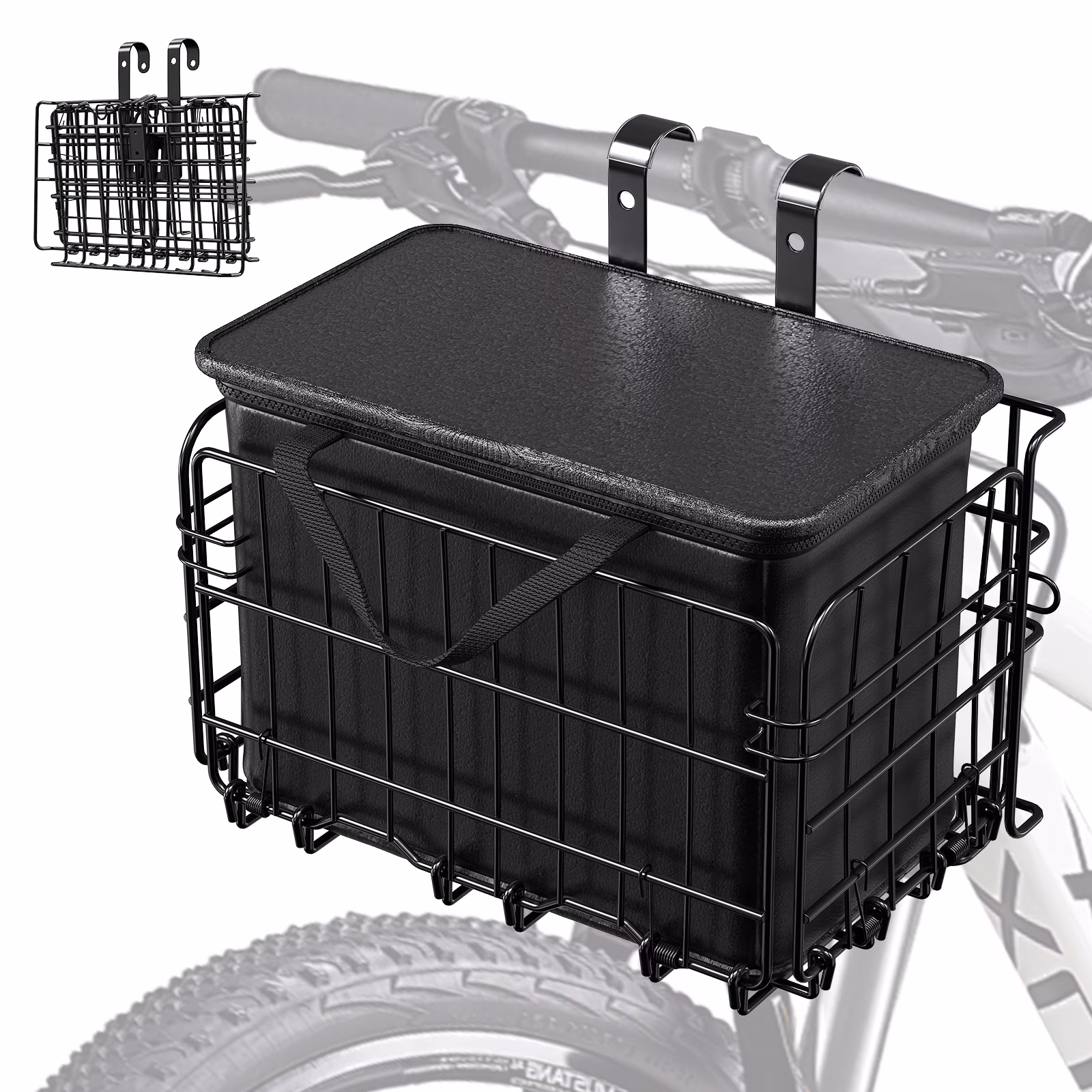 Bike Basket Front, Folding Bicycle Basket with Removable Waterproof Liner Bag, Rear Bike Cargo Rack, Bike Baskets for Adult Bikes Carrying Dogs,Pet,Grocery,Quick Release Design