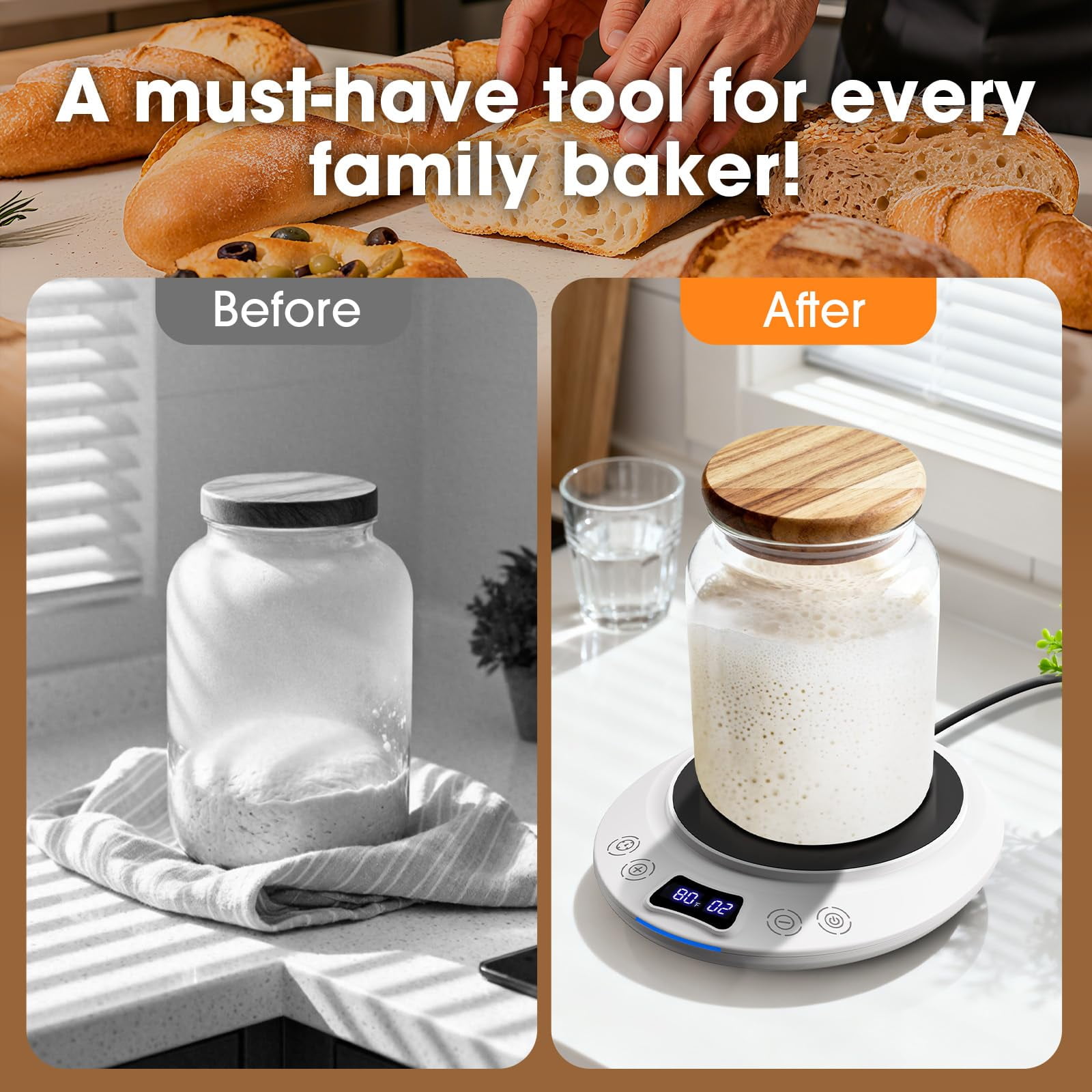 Sourdough Starter Warmer Mat, Precise 1°F Thermostat Control (70-100°F) Sourdough Starter Warme Mat, Warmer for Sourdough Starter, 0-24h Timer, Auto On/Off, Memory Function (White)