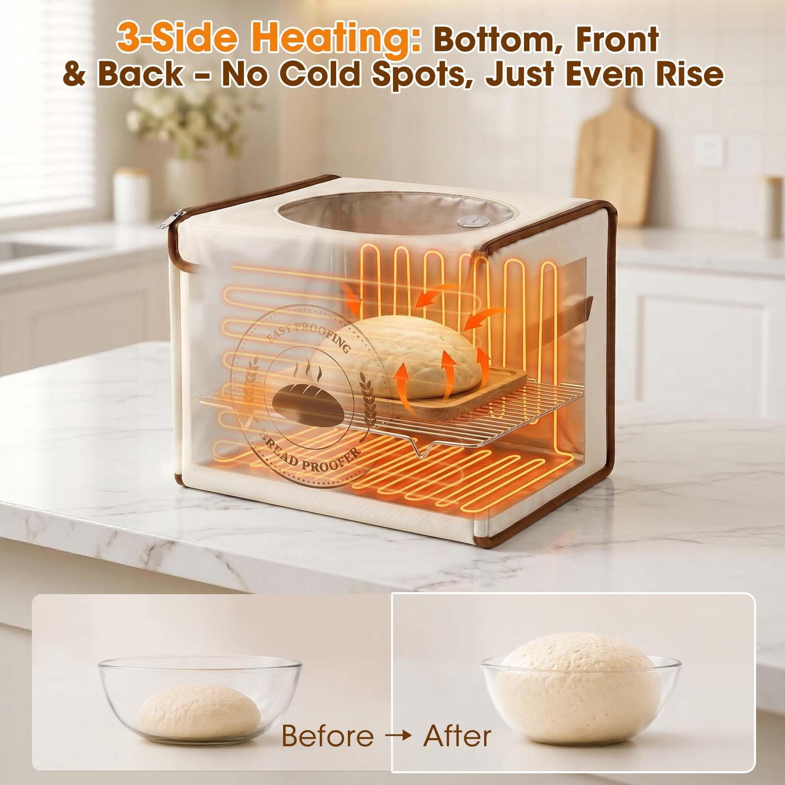 MYMULIKE Foldable Bread Sourdough Proofing Box, 15.75 x 11.81 x 11.81 in, 3‑Side Uniform Heating, Built‑in Hygrometer, 70‑122°F 1‑24H Timer, Flat Fold Storage with Stainless Steel Rack