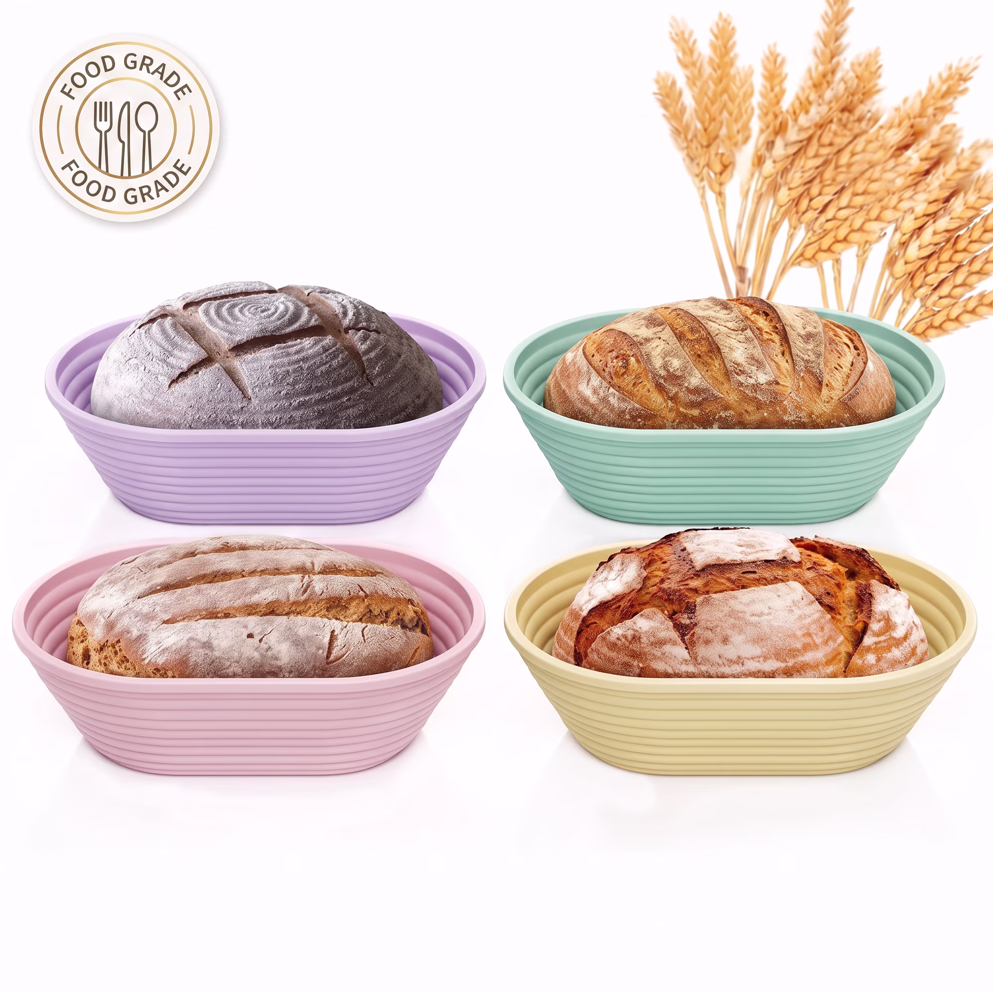 4Pcs Oval Silicone Banneton Bread Proofing Baskets, Mini Collapsible Sourdough Bread Baking Supplies Non-Stick Oval Dough Proofing Bowl Containers Oven Safe for Homemade Bread Making-BPA Free