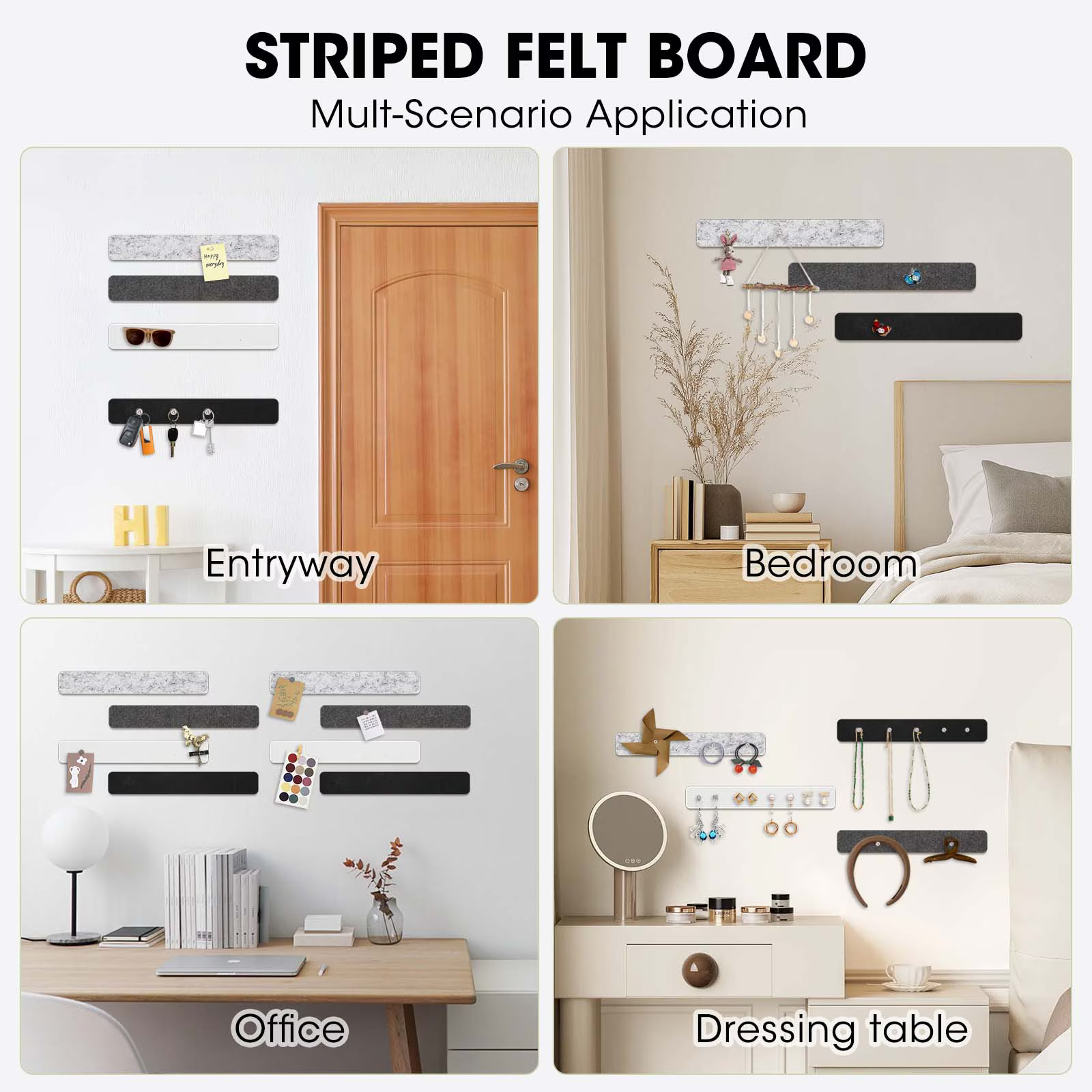 Cork Board Alternative Felt Strip Board 8-Pack 13"x2", Office Pin Board with 40 Push Pins, Adhesive Install for Bedroom Door & Home Office(Concrete Echo)