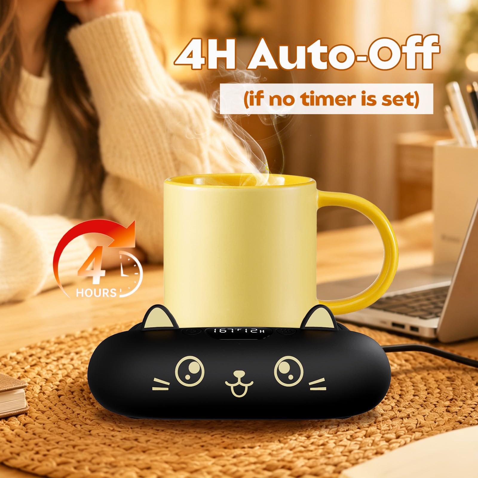 Sleek Black Cat Mug Warmer - 4 Temp Settings Electric Coffee Warmer with Timer | Minimalist Coffee Accessories for Modern Desk, Home & Office