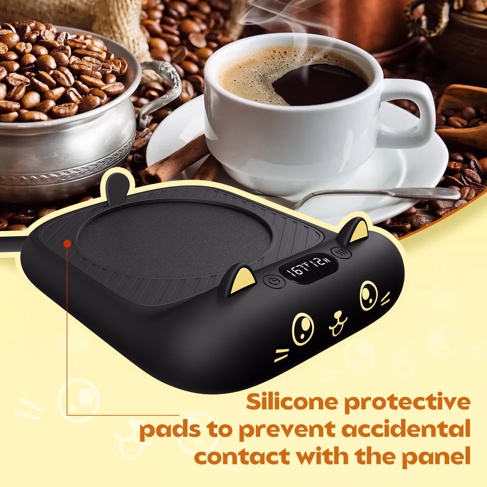 Sleek Black Cat Mug Warmer - 4 Temp Settings Electric Coffee Warmer with Timer | Minimalist Coffee Accessories for Modern Desk, Home & Office
