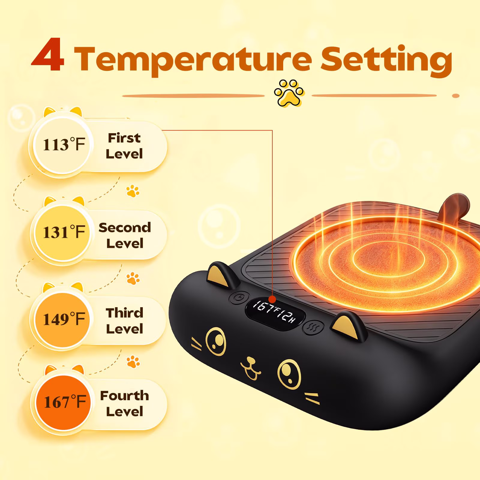 Sleek Black Cat Mug Warmer - 4 Temp Settings Electric Coffee Warmer with Timer | Minimalist Coffee Accessories for Modern Desk, Home & Office