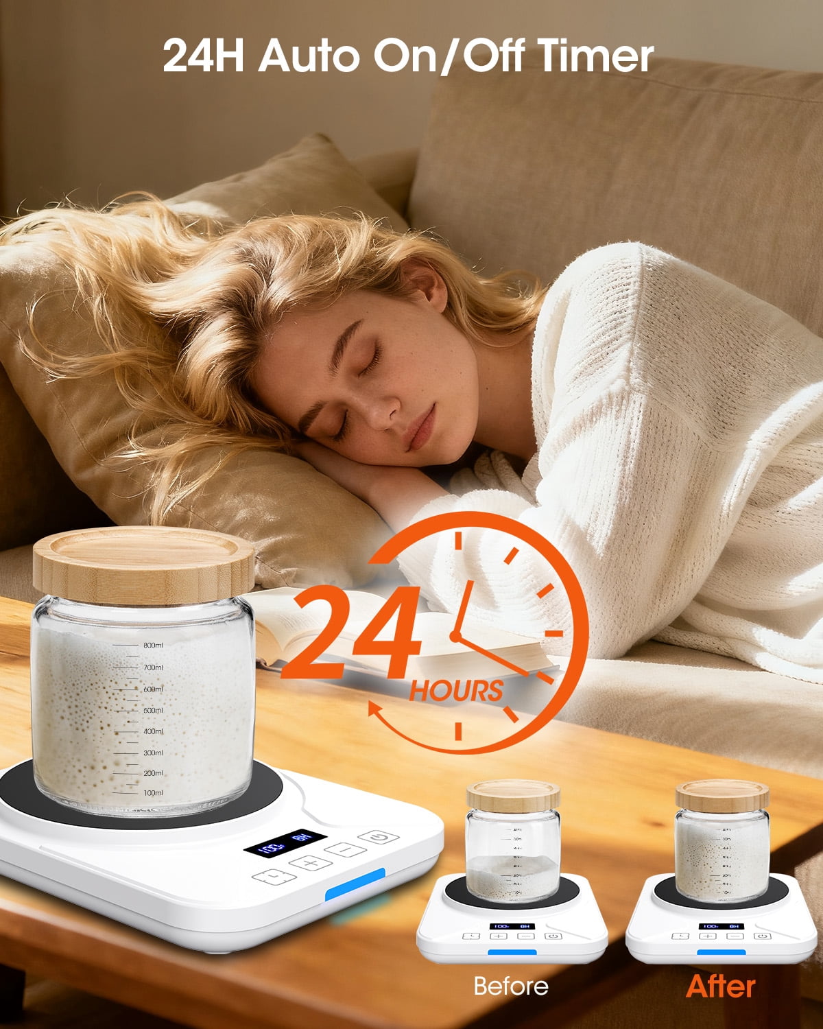 Sourdough Starter Warmer Mat, 24-Hour Timer, Precise 1°F Thermostat Control (70-100°F), Smart Memory Warming On/Off, Fits Jars Up to 40oz, Perfect for Home Baking (White)