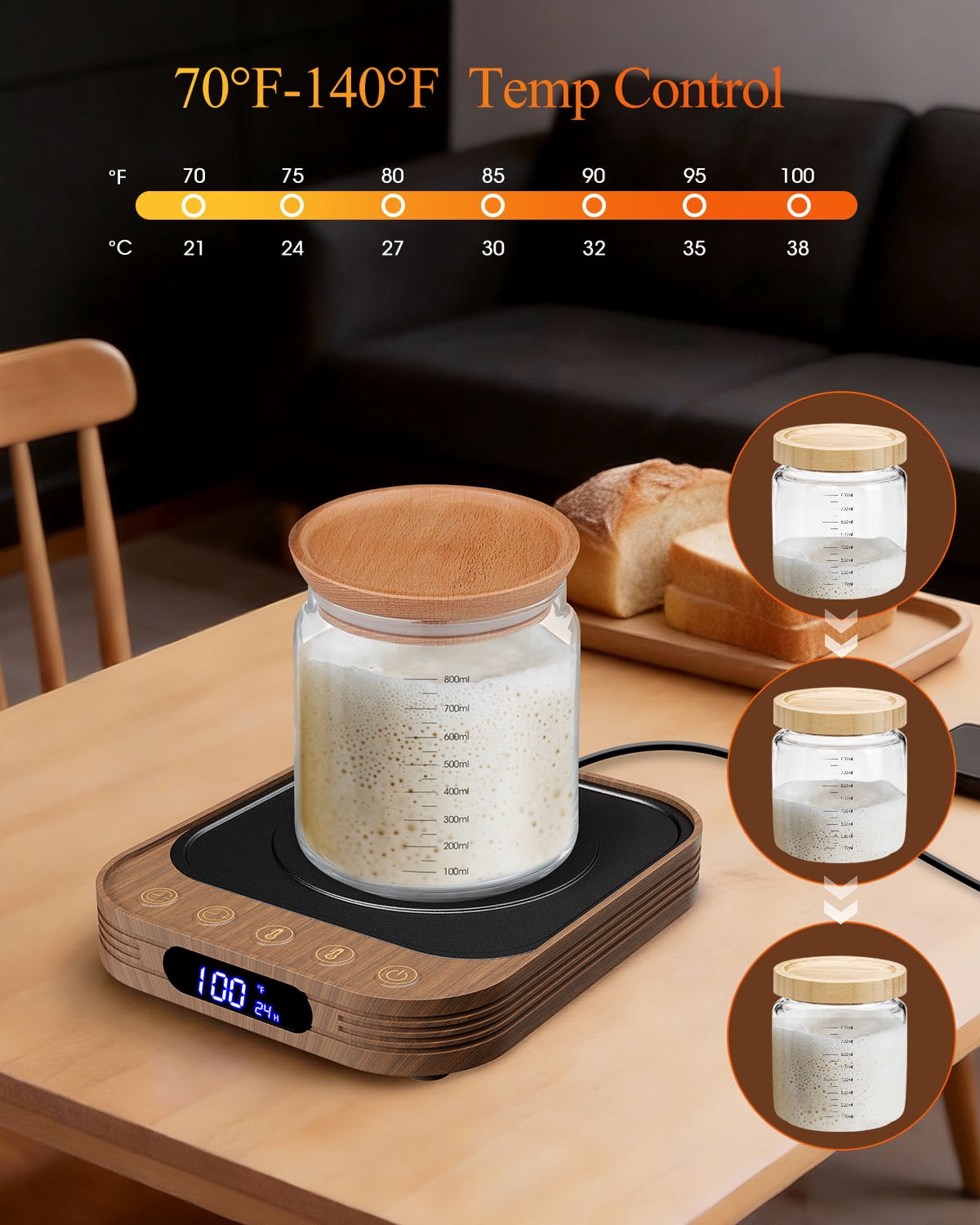 MYMULIKE Sourdough Starter Warmer Mat, 24H Timer & Memory Function, 1°F Thermostat Control 70-140°F for Home Bread Baking, Wood Grain
