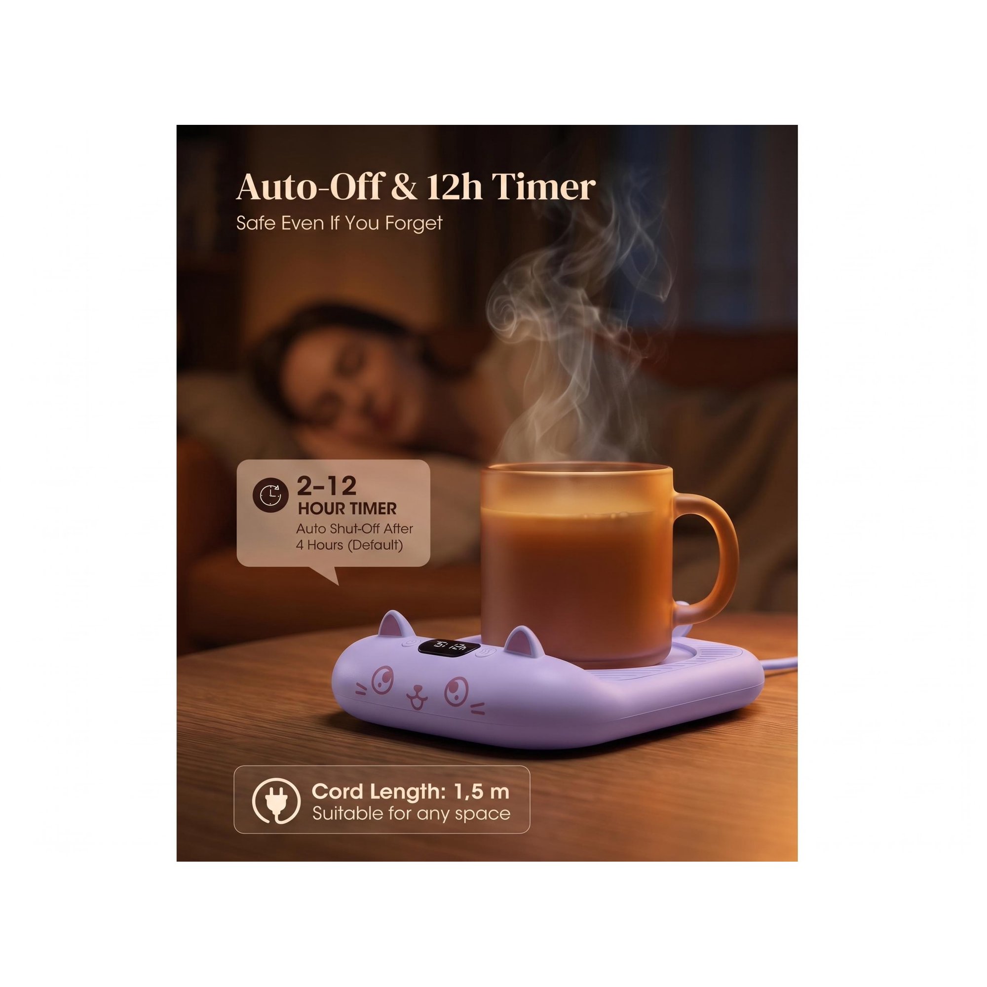 Elegant Purple Cat Mug Warmer - 4 Temp Settings Electric Beverage Warmer with Timer | Chic Coffee Accessories for Desk, Home & Gifting
