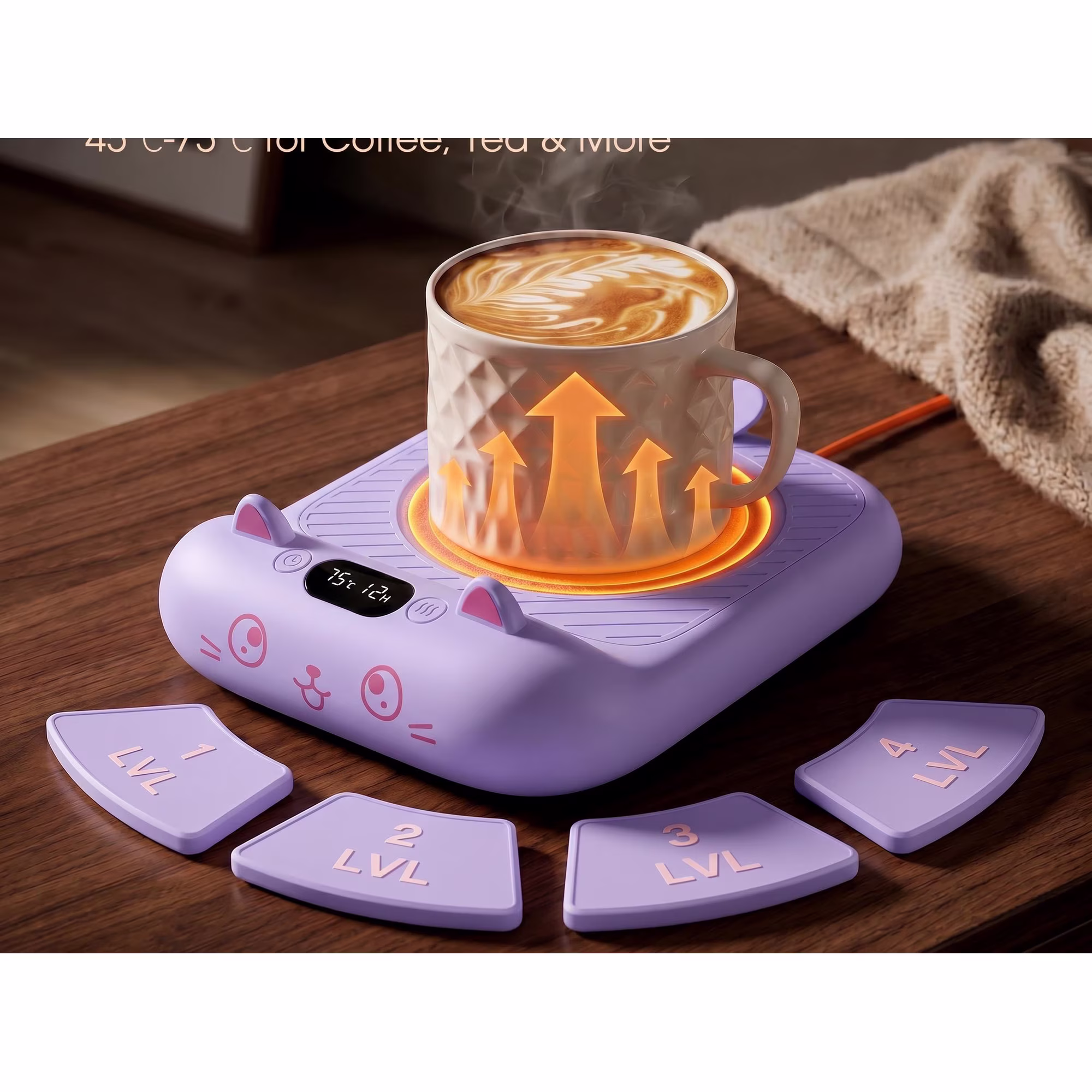 Elegant Purple Cat Mug Warmer - 4 Temp Settings Electric Beverage Warmer with Timer | Chic Coffee Accessories for Desk, Home & Gifting