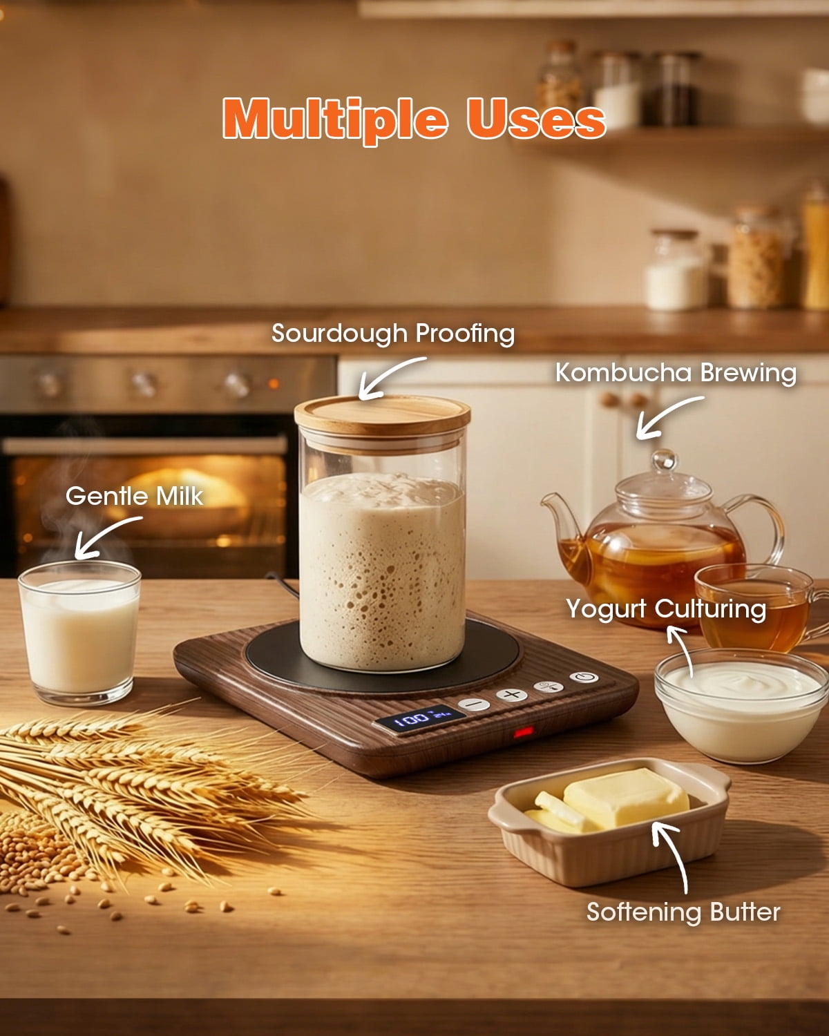 Sourdough Starter Warmer Mat, Upgrade Electric Sourdough Starter Warmer, 65-120°F -24H Timer - Fits Jars Up to 40oz, Sourdough Heater Proofing Tool, Perfect for Home Baking (Wood Grain)
