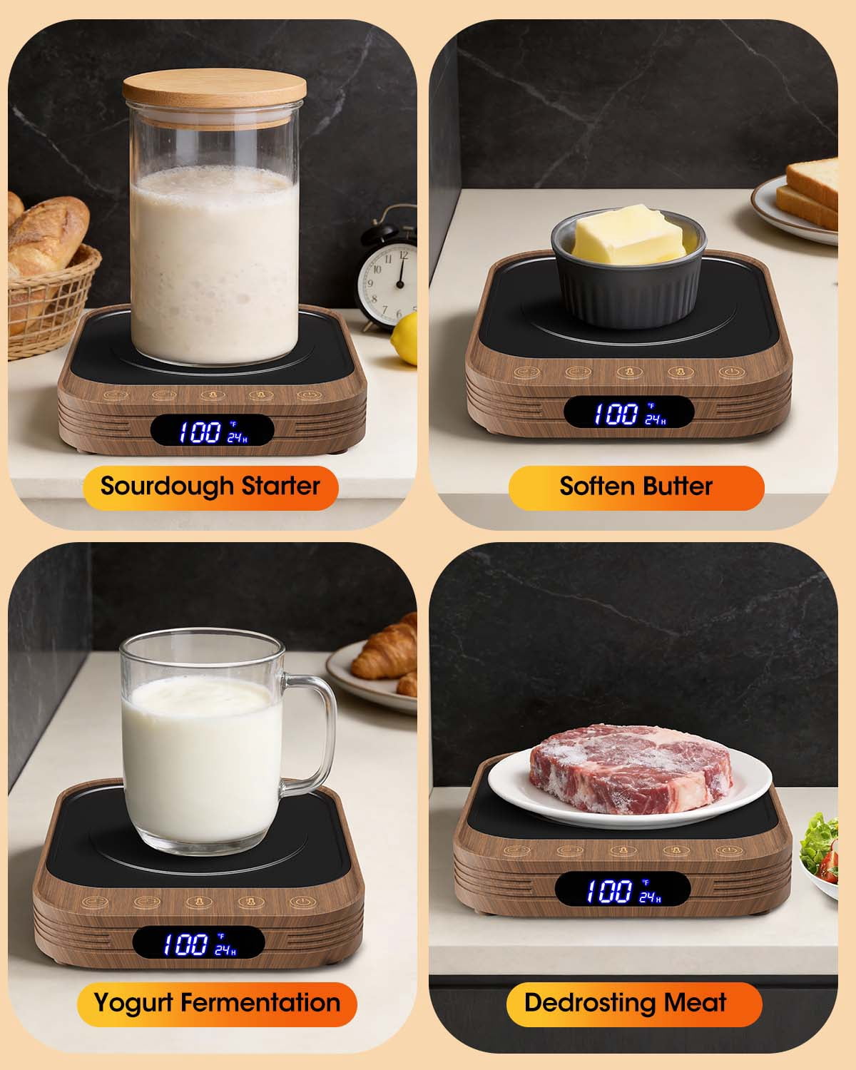 MYMULIKE Sourdough Starter Warmer Mat, 24H Timer & Memory Function, 1°F Thermostat Control 70-140°F for Home Bread Baking, Wood Grain