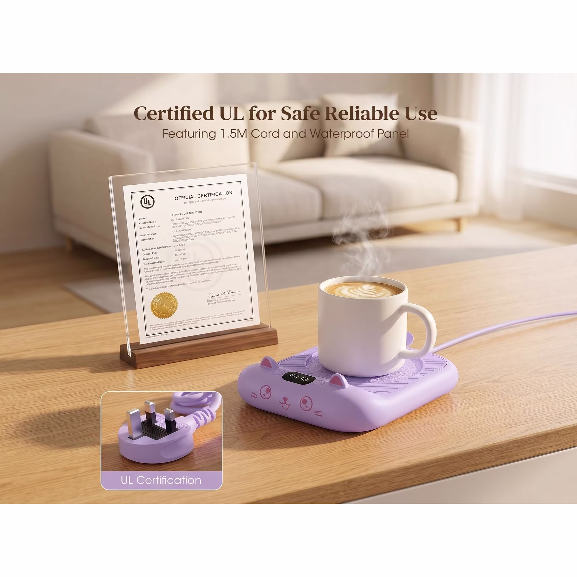 Elegant Purple Cat Mug Warmer - 4 Temp Settings Electric Beverage Warmer with Timer | Chic Coffee Accessories for Desk, Home & Gifting