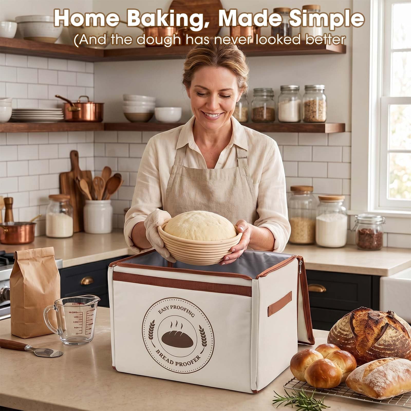 MYMULIKE Foldable Bread Sourdough Proofing Box, 15.75 x 11.81 x 11.81 in, 3‑Side Uniform Heating, Built‑in Hygrometer, 70‑122°F 1‑24H Timer, Flat Fold Storage with Stainless Steel Rack