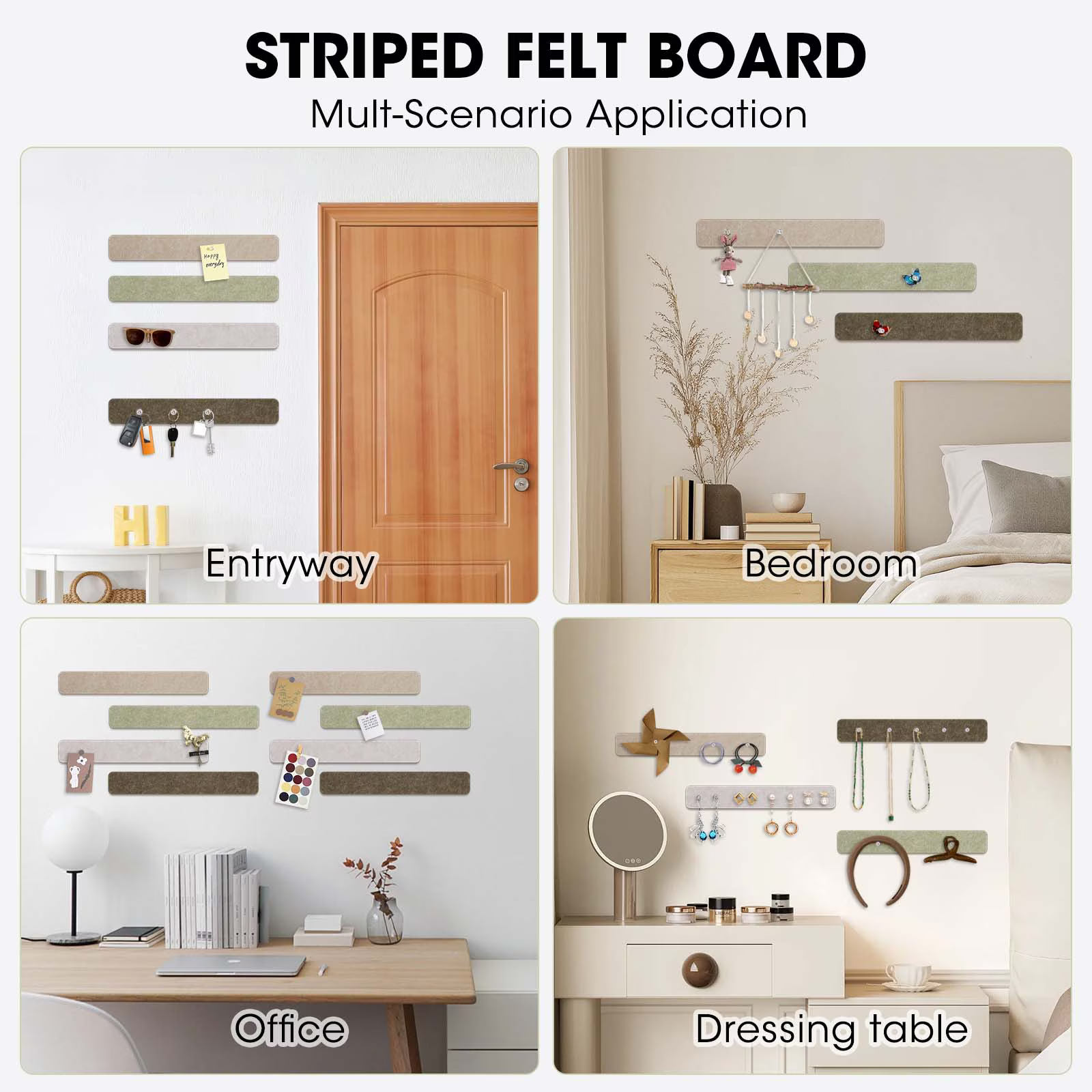 Cork Board Alternative Felt Strip Board 8-Pack 13"x2", Office Pin Board with 40 Push Pins, Adhesive Install for Bedroom Door & Home Office(Linen Dusk)
