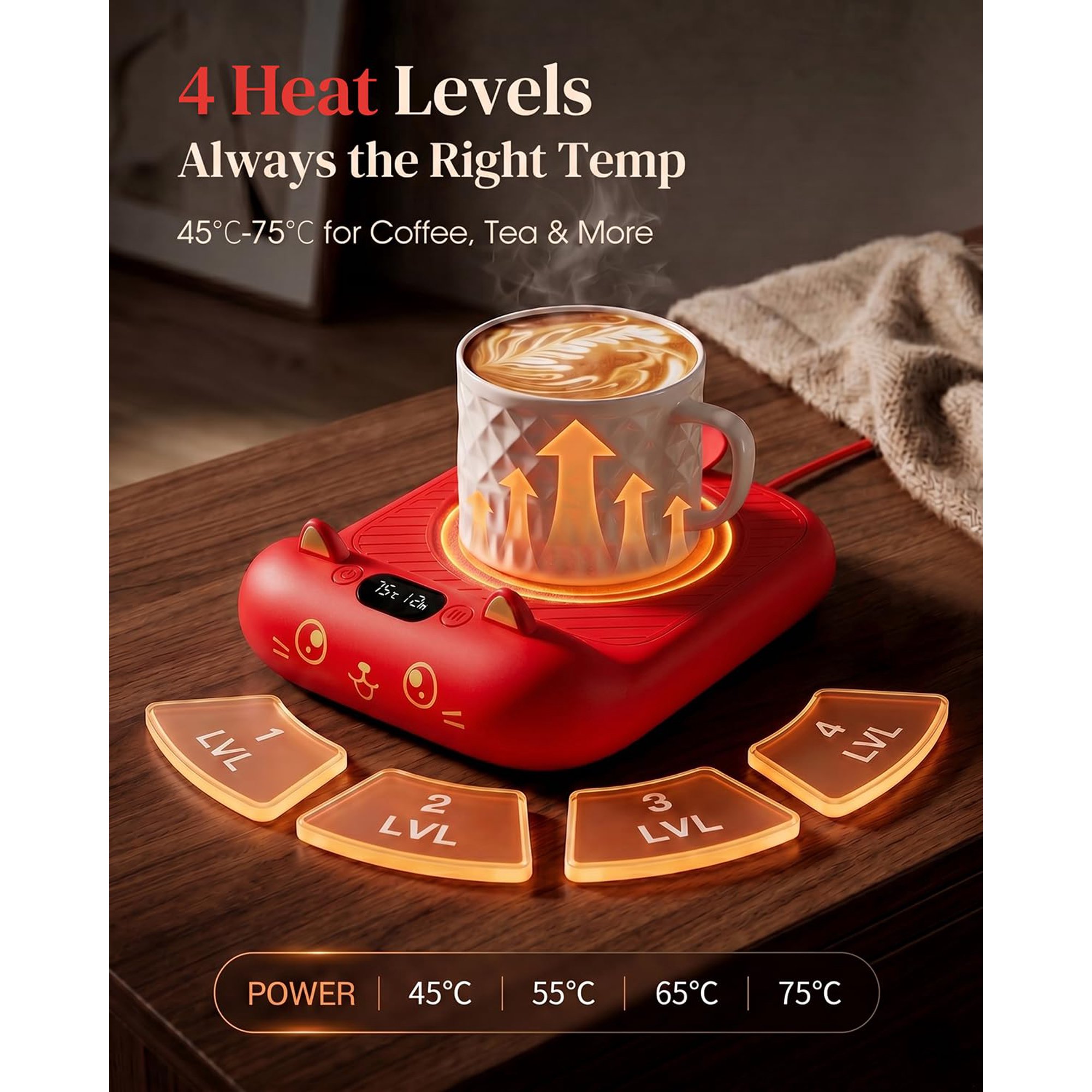 Vibrant Red Cat Mug Warmer - 4 Temp Settings Electric Beverage Warmer with Timer | Bold Coffee Accessories for Home, Office & Gifting