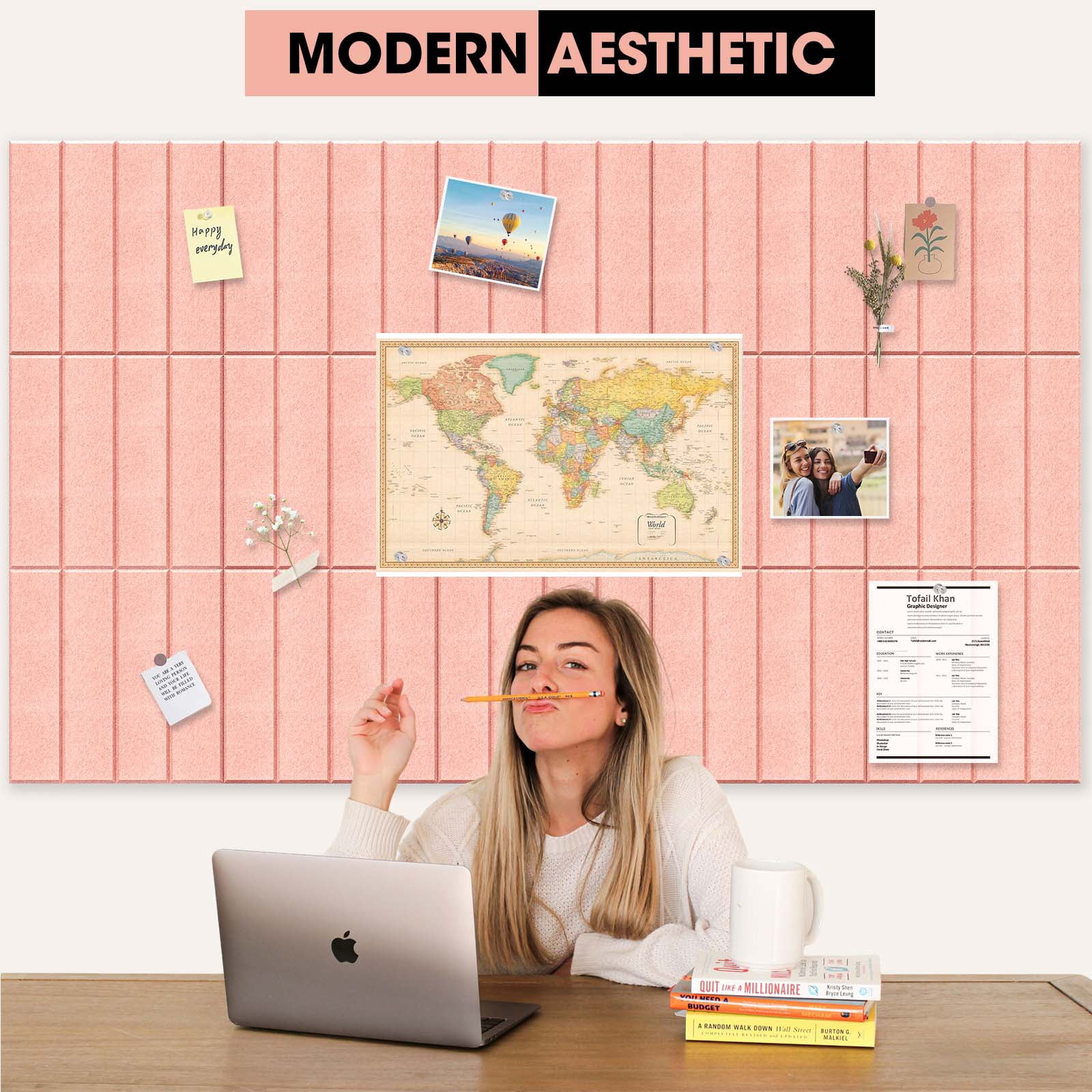 MYMULIKE 59" x 36" Large Pink Felt Bulletin Board, 15 Pack Cork Board Alternative with Adhesive Tabs for Wall & Room Decor,Home Office,Classroom Dorm