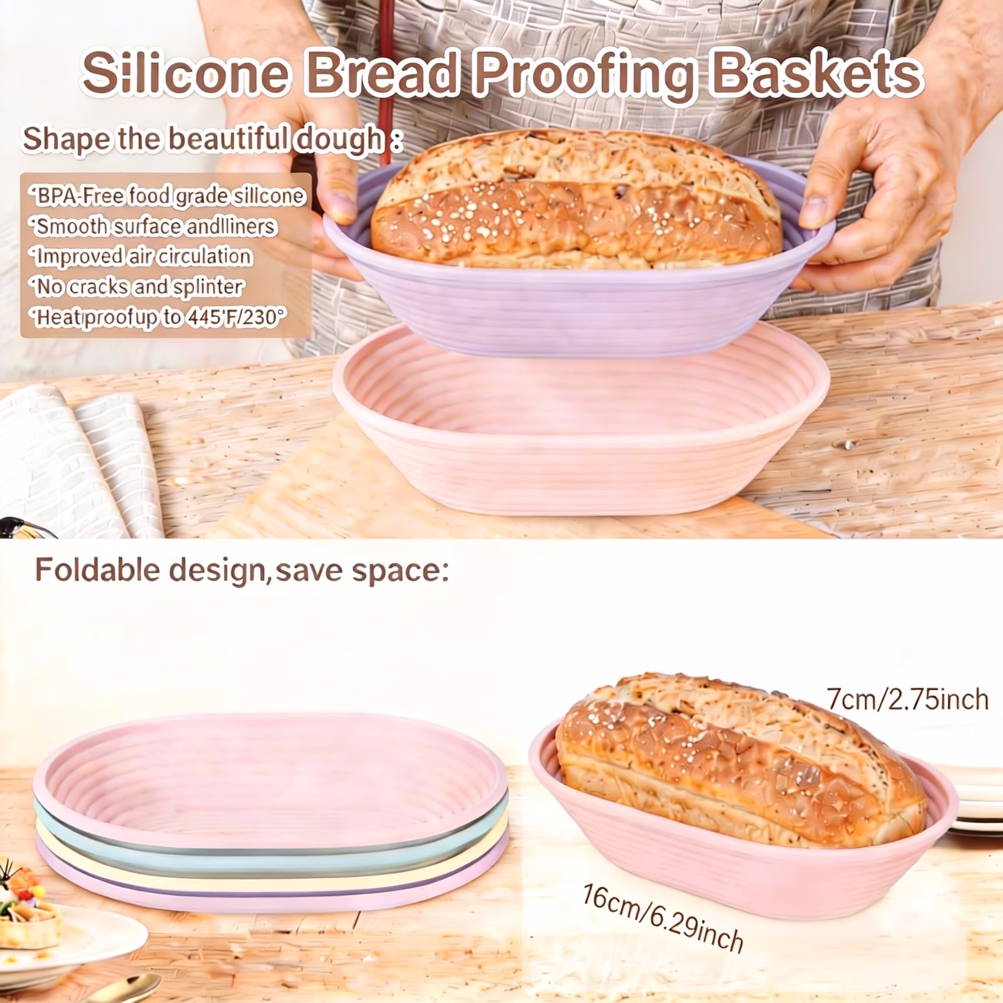 4Pcs Oval Silicone Banneton Bread Proofing Baskets, Mini Collapsible Sourdough Bread Baking Supplies Non-Stick Oval Dough Proofing Bowl Containers Oven Safe for Homemade Bread Making-BPA Free