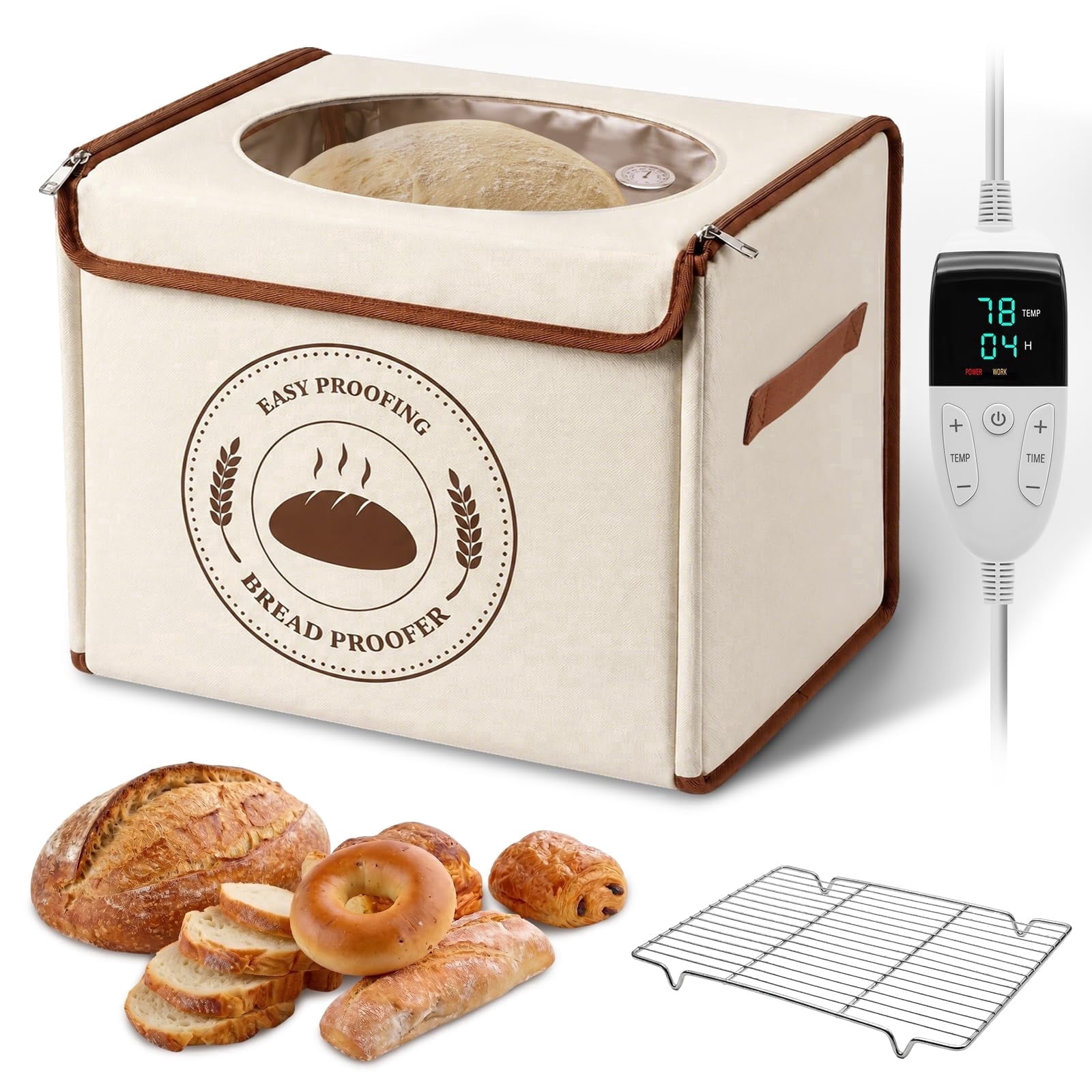 MYMULIKE Foldable Bread Sourdough Proofing Box, 15.75 x 11.81 x 11.81 in, 3‑Side Uniform Heating, Built‑in Hygrometer, 70‑122°F 1‑24H Timer, Flat Fold Storage with Stainless Steel Rack