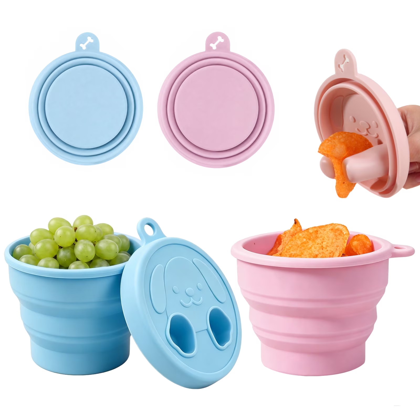 MYMULIKE 2Pack Silicone Snack Finger Container，2-in-1 No-Mess Foldable Food Container with Fingertip Cover for Travel Camping Outdoor Keep Hands Clean (Pink&Blue)