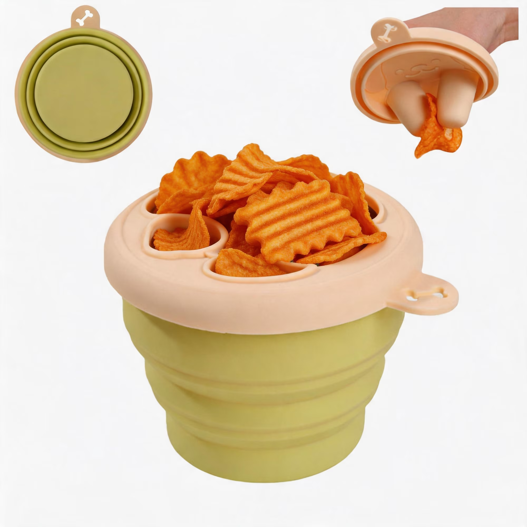 MYMULIKE Snack Finger Container, 2-in-1 No-Mess Snack Container with Fingertip Cover Portable Silicone Foldable Food Containers for Travel Camping Outdoor Keep Hands Clean (Yellow)
