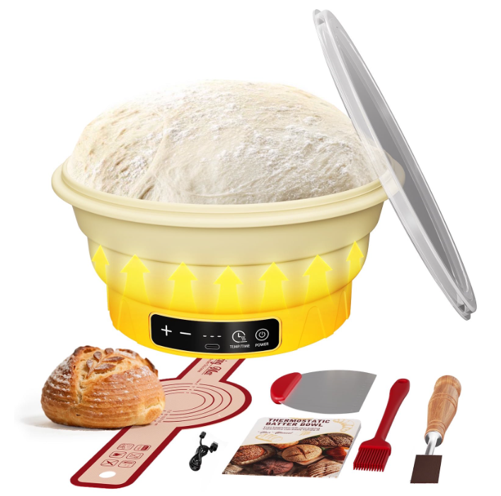 MYMULIKE Sourdough Starter Kit, Electric 6-Temp Control 77-122℉ with Timer, 9" Foldable Dough Warmer, Banneton Proofing Basket for Home Baking