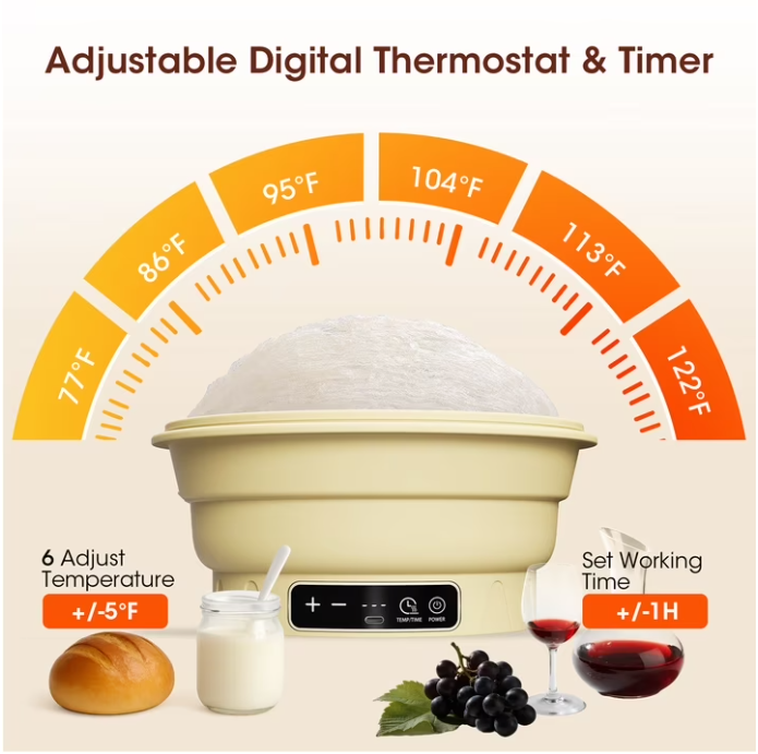 MYMULIKE Sourdough Starter Kit, Electric 6-Temp Control 77-122℉ with Timer, 9" Foldable Dough Warmer, Banneton Proofing Basket for Home Baking