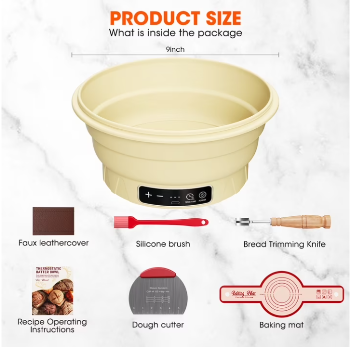 MYMULIKE Sourdough Starter Kit, Electric 6-Temp Control 77-122℉ with Timer, 9" Foldable Dough Warmer, Banneton Proofing Basket for Home Baking