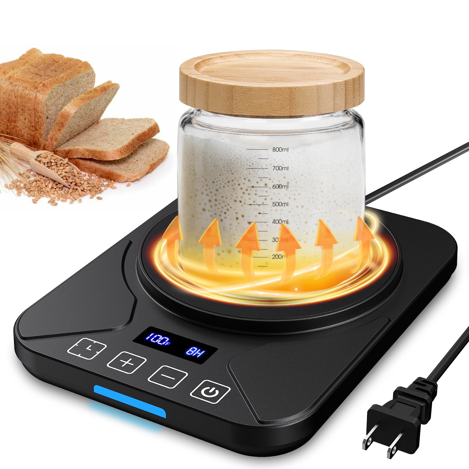 Sourdough Starter Warmer Mat, 24-Hour Timer, Precise 1°F Thermostat Control (70-100°F), Smart Memory Warming On/Off, Fits Jars Up to 40oz, Perfect for Home Baking (Black)
