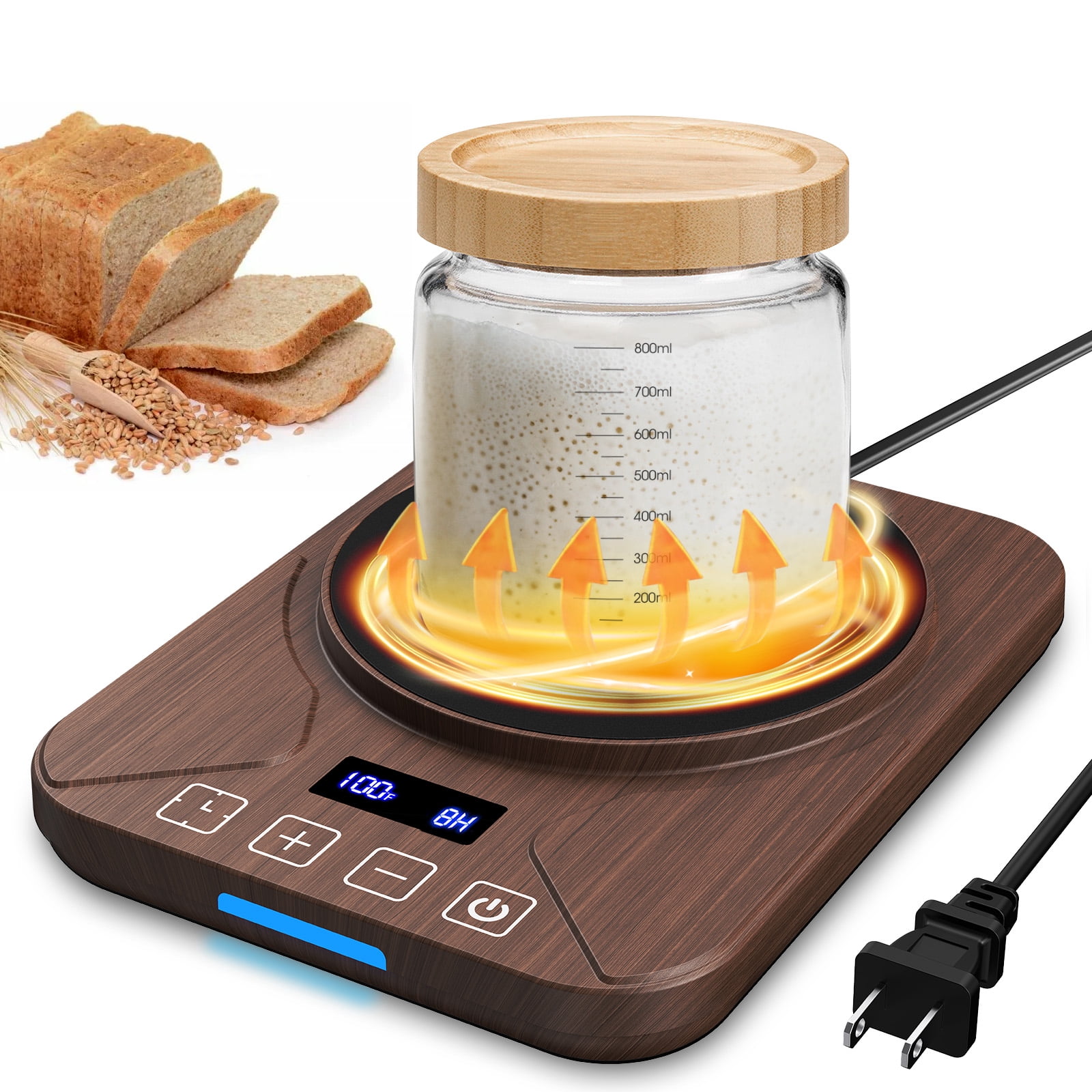 Sourdough Starter Warmer Mat, 24-Hour Timer, Precise 1°F Thermostat Control (70-100°F), Smart Memory Warming On/Off, Fits Jars Up to 40oz, Perfect for Home Baking (Wood Grain)