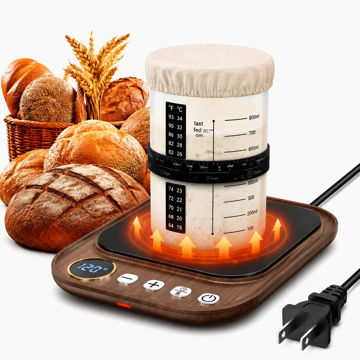Sourdough Starter Warmer Mat for Jars up to 40 oz with Temp Memory Function & Precise 1°F Thermostat Control (65-140°F), Sourdough Warming Mat for Home Baking with 24H Timer (Wood Grain)
