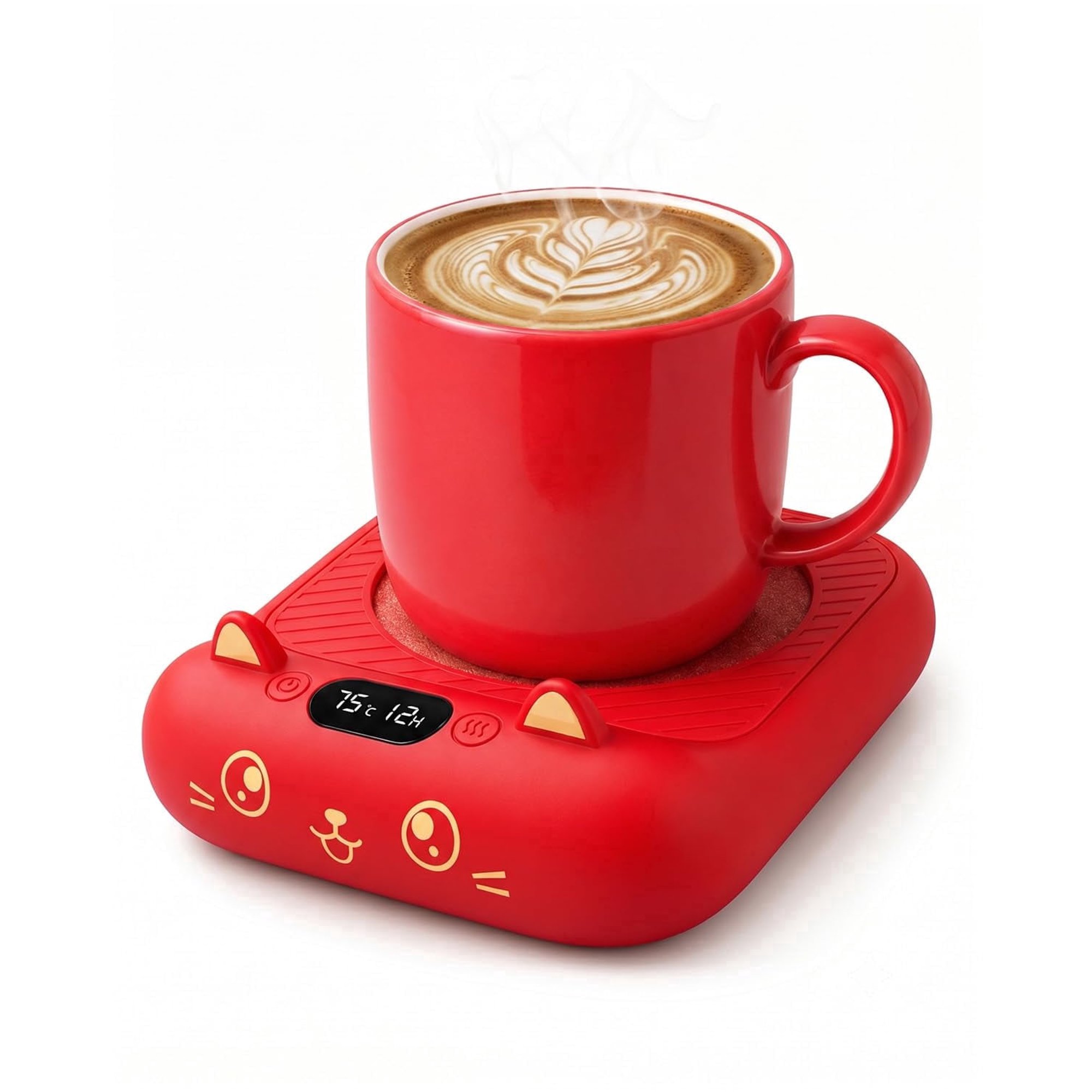 Vibrant Red Cat Mug Warmer - 4 Temp Settings Electric Beverage Warmer with Timer | Bold Coffee Accessories for Home, Office & Gifting