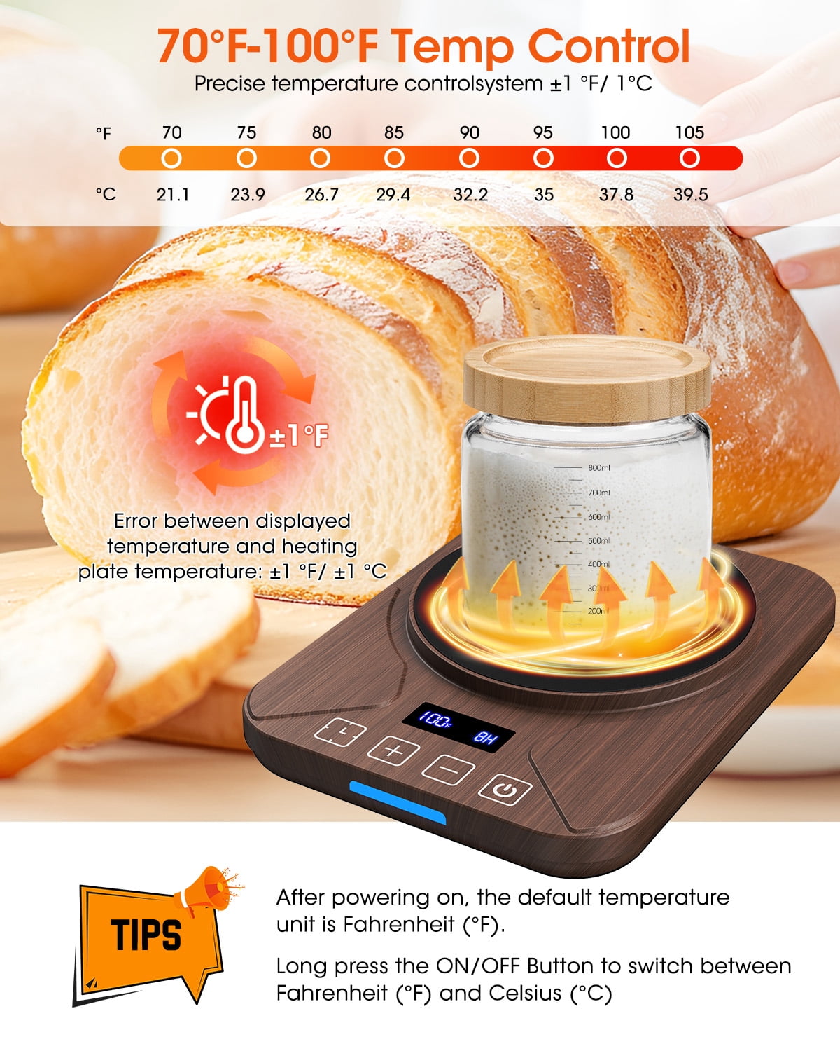 Sourdough Starter Warmer Mat, 24-Hour Timer, Precise 1°F Thermostat Control (70-100°F), Smart Memory Warming On/Off, Fits Jars Up to 40oz, Perfect for Home Baking (Wood Grain)