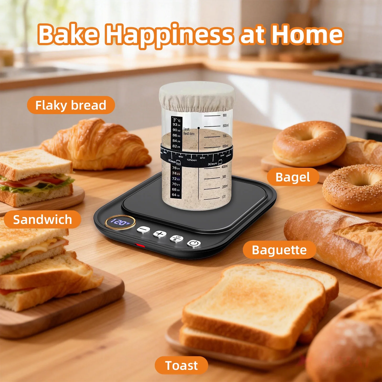 Sourdough Starter Warmer Mat for Jars up to 40 oz with Temp Memory Function & Precise 1°F Thermostat Control (65-140°F), Sourdough Warming Mat for Home Baking with 24H Timer (Black)