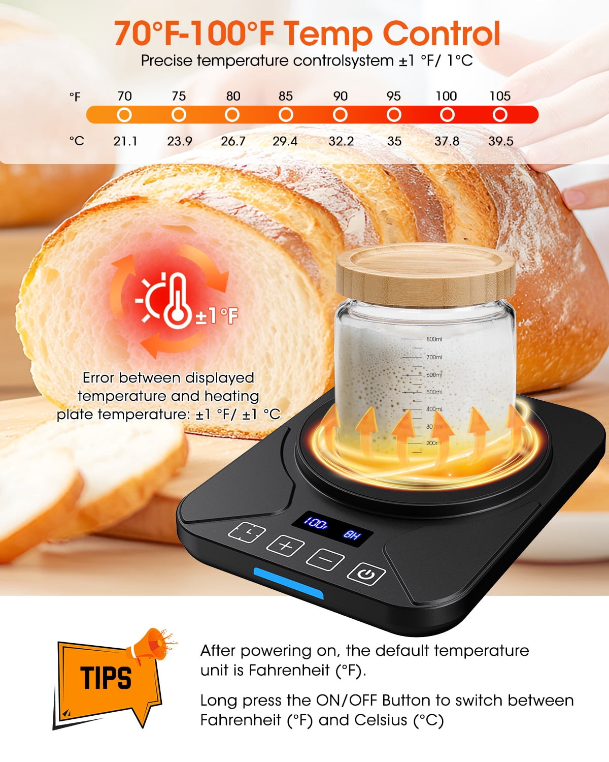 Sourdough Starter Warmer Mat, 24-Hour Timer, Precise 1°F Thermostat Control (70-100°F), Smart Memory Warming On/Off, Fits Jars Up to 40oz, Perfect for Home Baking (Black)
