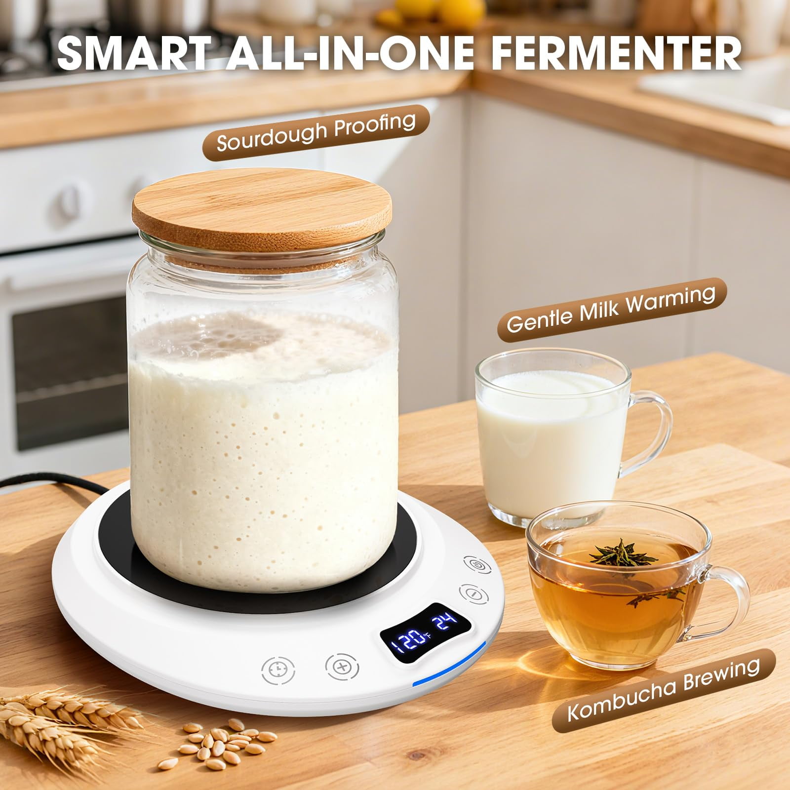Sourdough Starter Warmer Mat, Precise 1°F Thermostat Control (70-100°F) Sourdough Starter Warme Mat, Warmer for Sourdough Starter, 0-24h Timer, Auto On/Off, Memory Function (White)