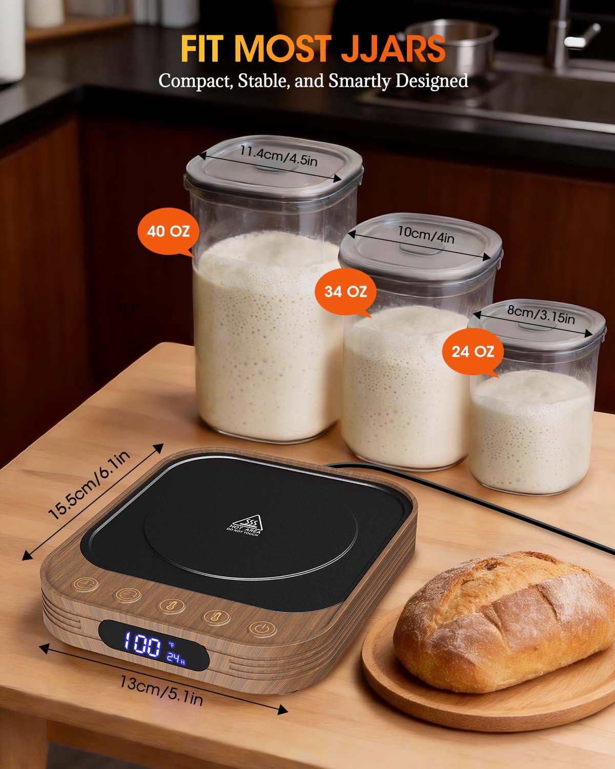 MYMULIKE Sourdough Starter Warmer Mat, 24H Timer & Memory Function, 1°F Thermostat Control 70-140°F for Home Bread Baking, Wood Grain