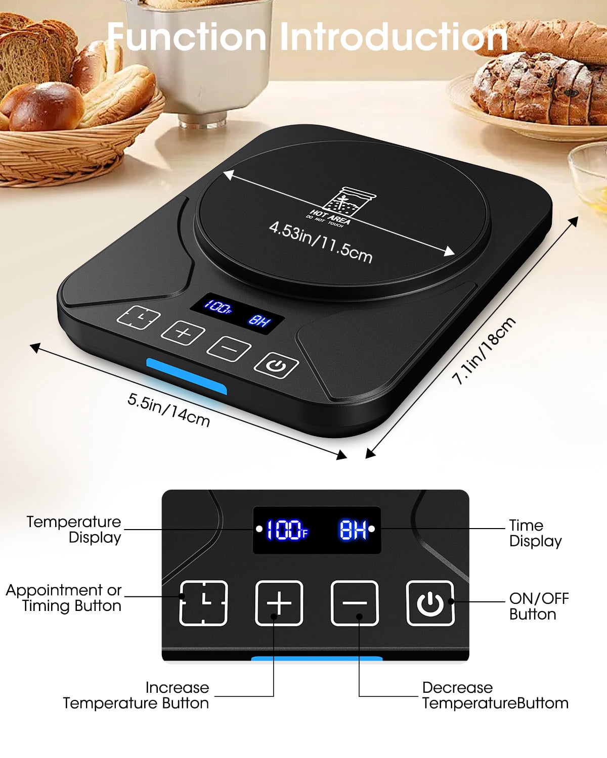 Sourdough Starter Warmer Mat, 24-Hour Timer, Precise 1°F Thermostat Control (70-100°F), Smart Memory Warming On/Off, Fits Jars Up to 40oz, Perfect for Home Baking (Black)