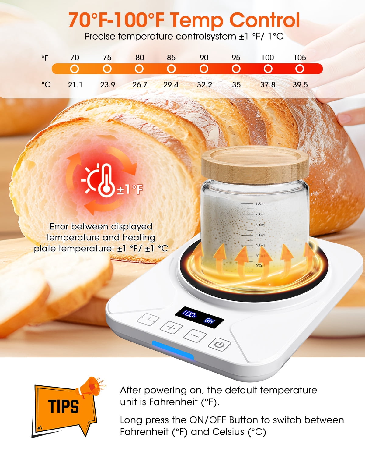 Sourdough Starter Warmer Mat, 24-Hour Timer, Precise 1°F Thermostat Control (70-100°F), Smart Memory Warming On/Off, Fits Jars Up to 40oz, Perfect for Home Baking (White)